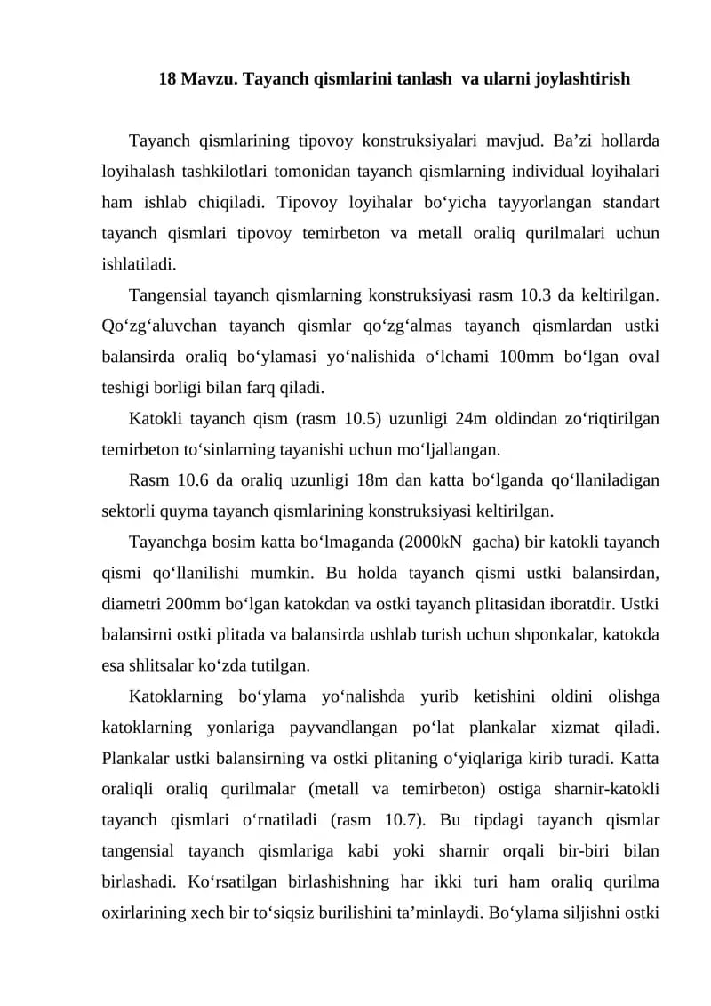 Tayanch qismlarini tanlash va ularni joylashtirish