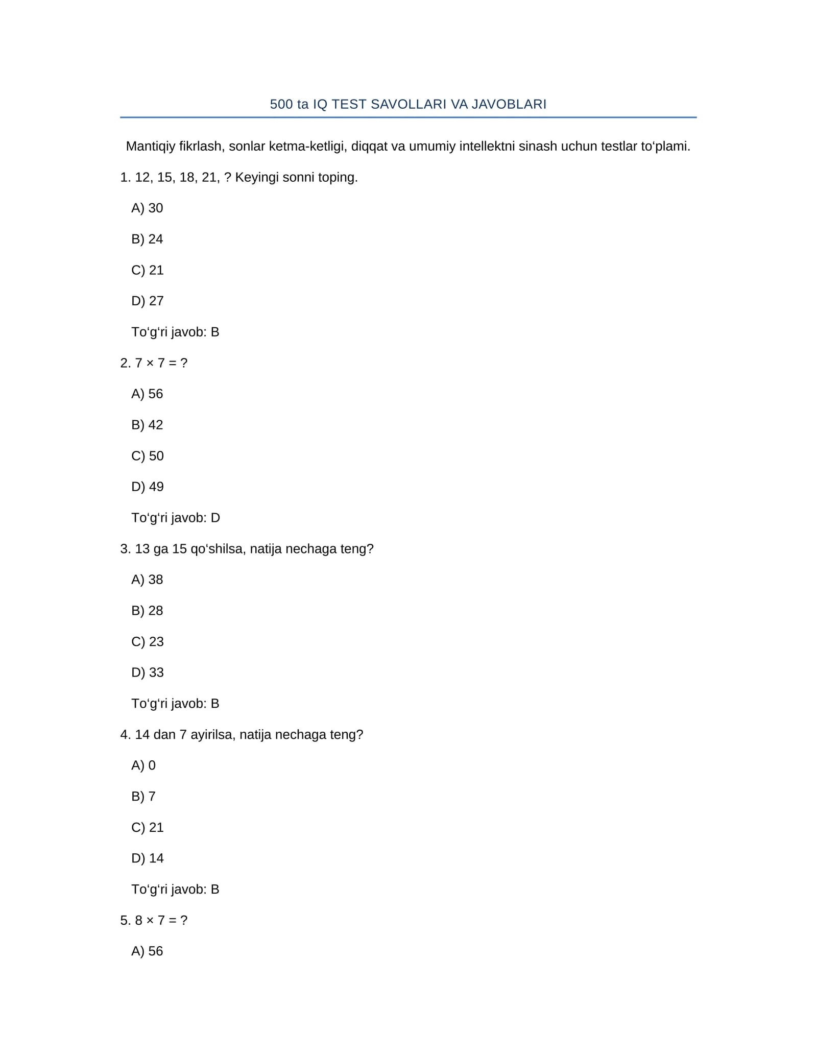 500 ta IQ TEST SAVOLLARI VA JAVOBLARI