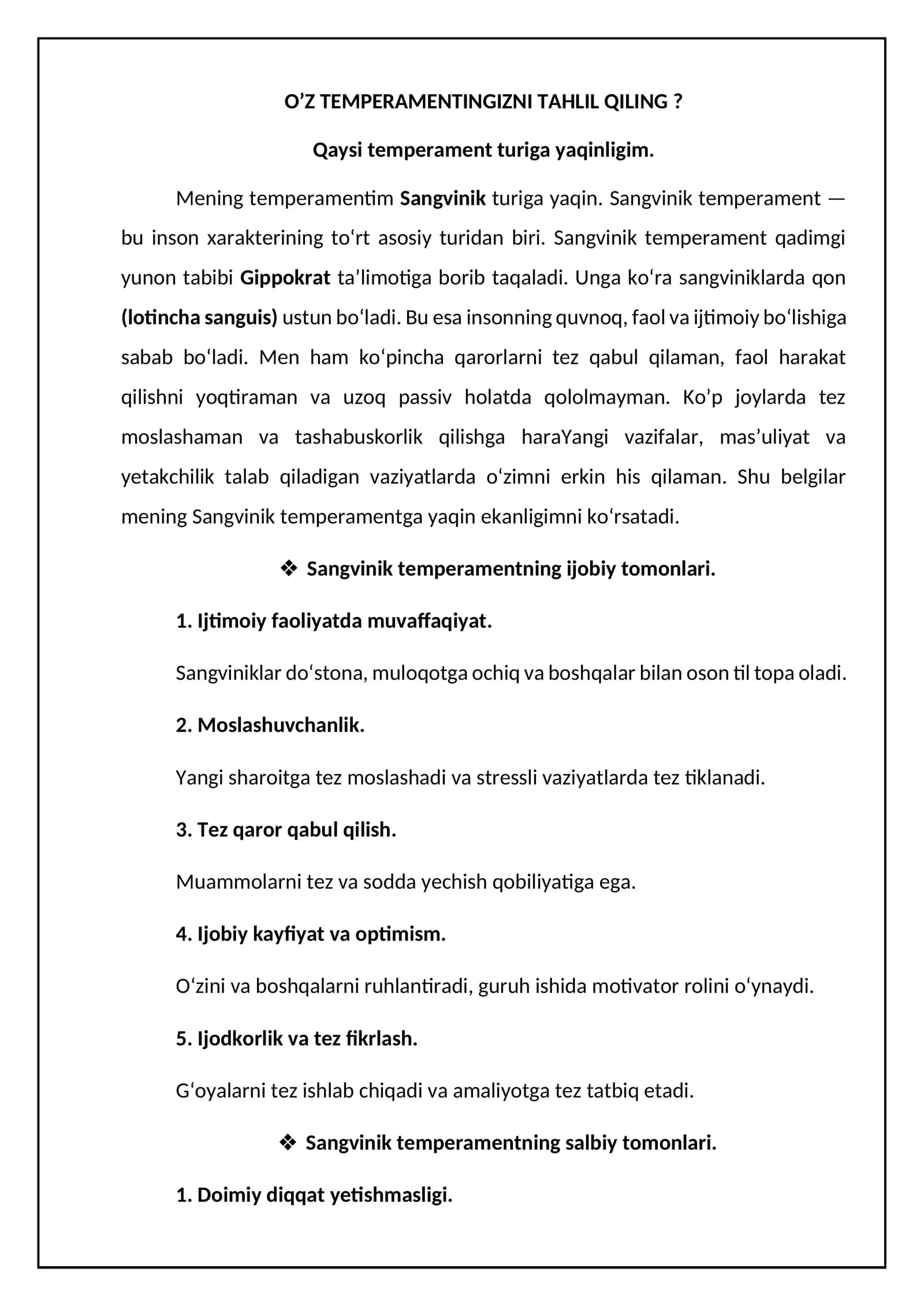 O’Z TEMPERAMENTINGIZNI TAHLIL QILING?