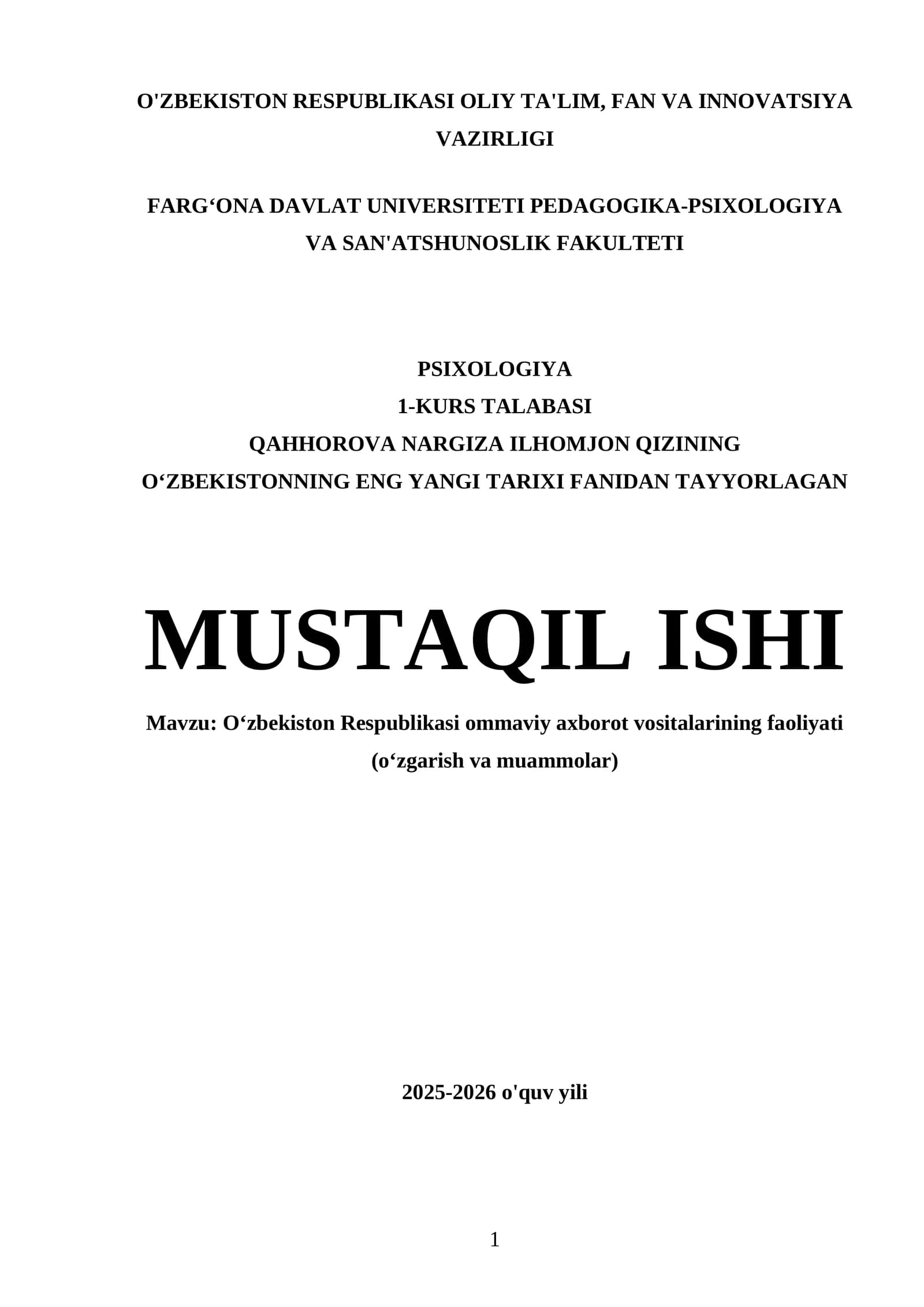 Oʻzbekiston Respublikasi Ommaviy Axborot Vositalarining Faoliyati (Oʻzgarish va muammolar)