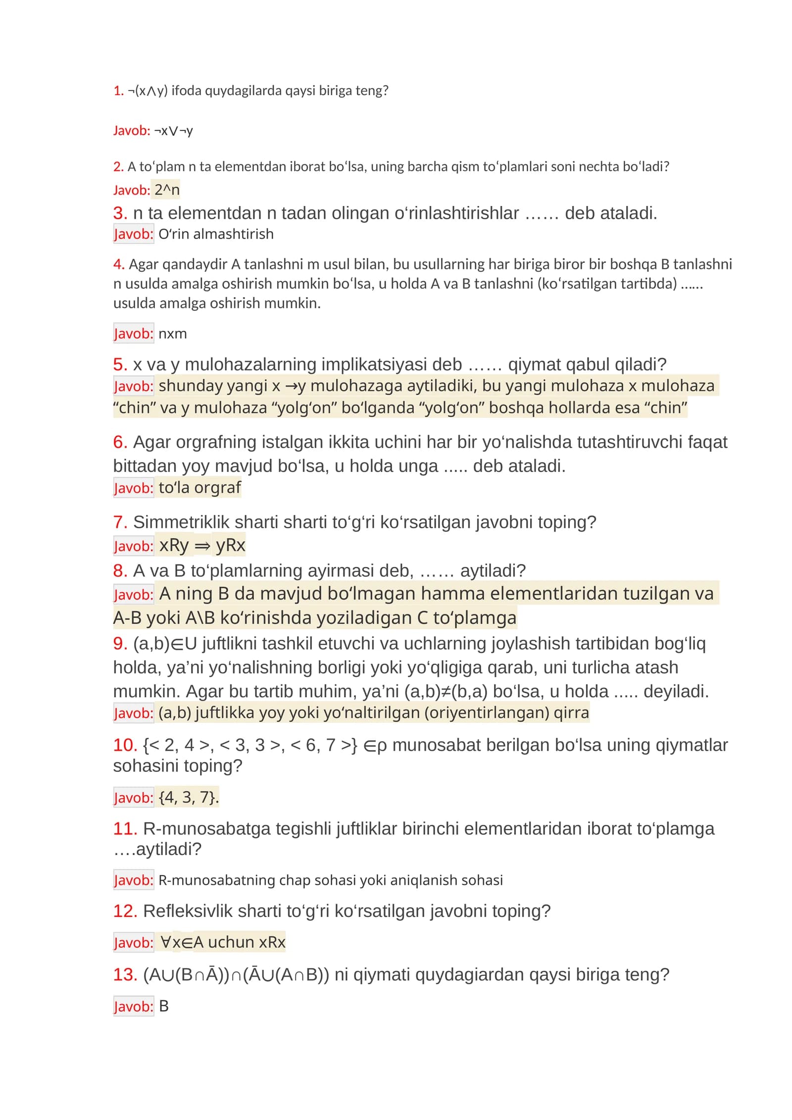 Diskret fanidan savollar va javoblar(yakuniy nazorat)