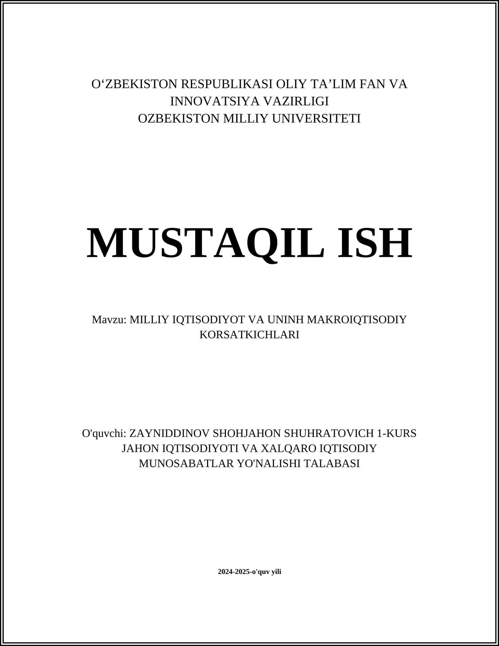 MILLIY IQTISODIYOT VA UNINH MAKROIQTISODIY KORSATKICHLARI