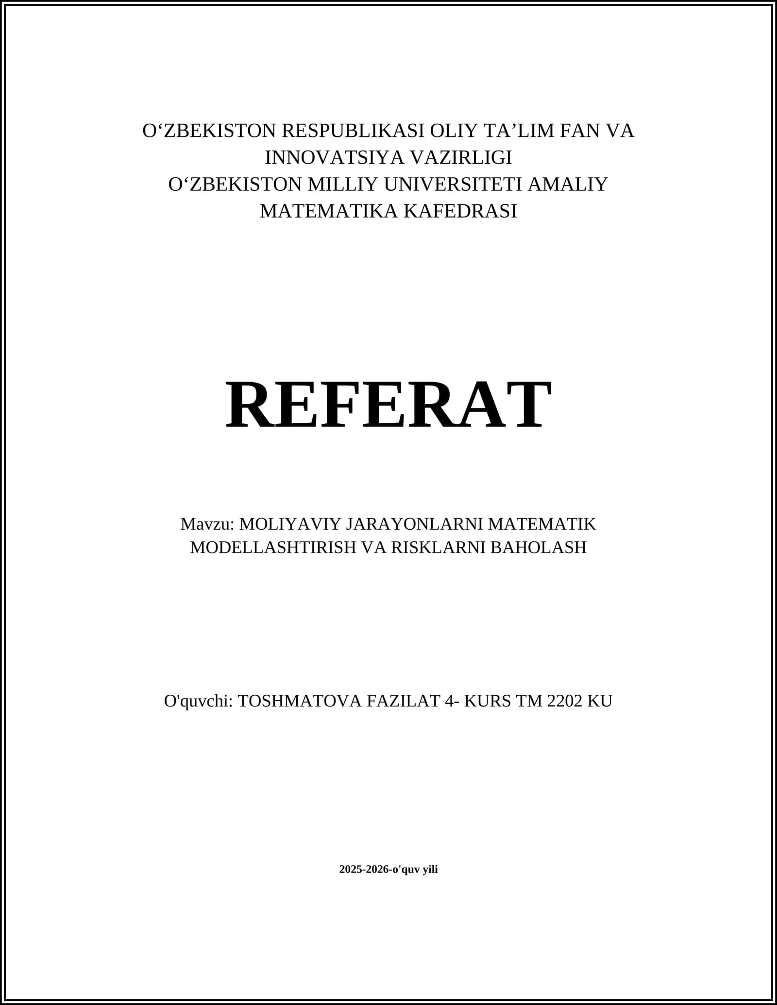 Moliyaviy jarayonlarni matematik modellashtirish va risklarni baholash
