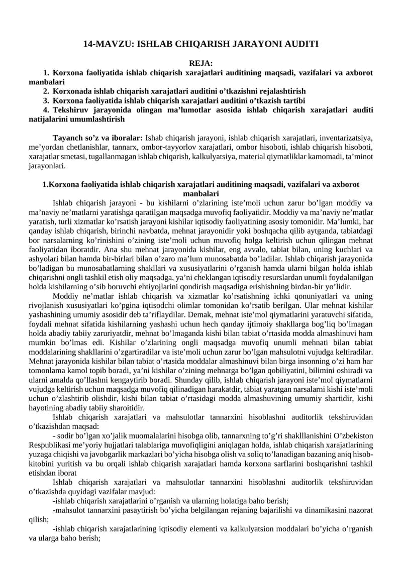 ISHLAB CHIQARISH JARAYONI AUDITI