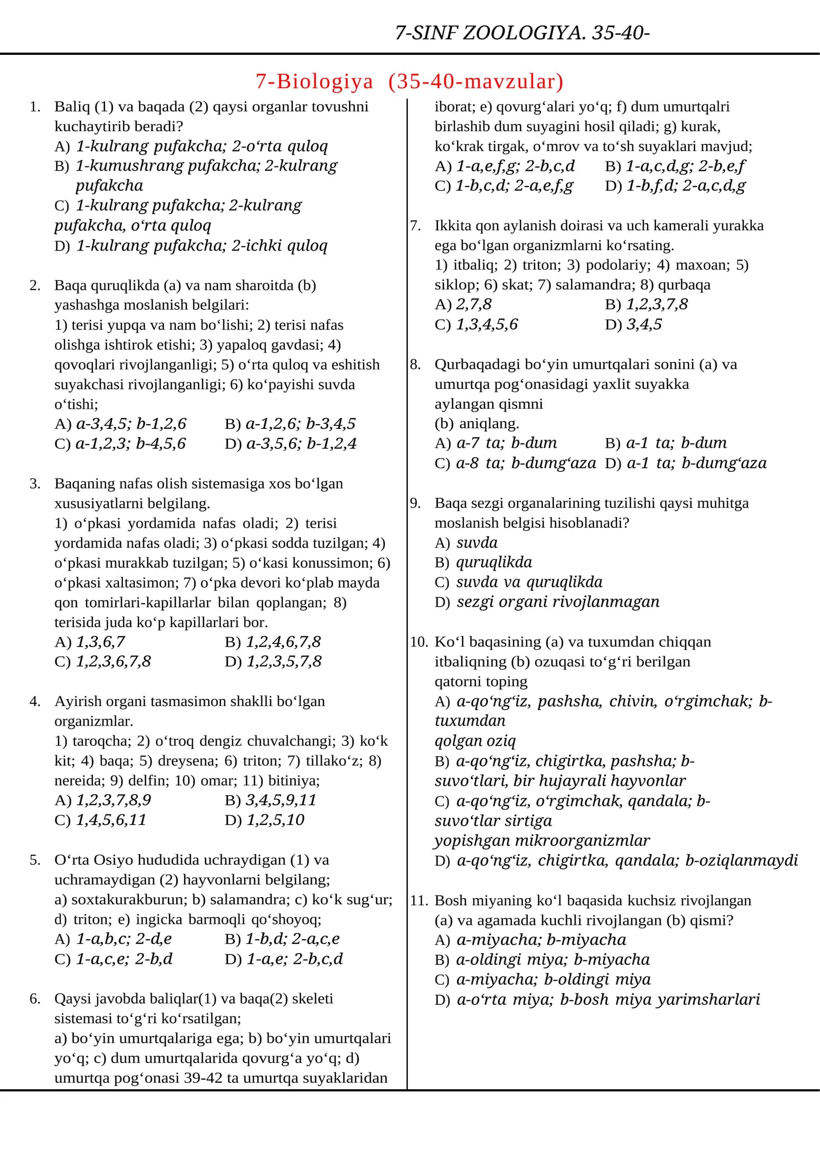 7-SINF ZOOLOGIYA. 35-40-MAVZULAR