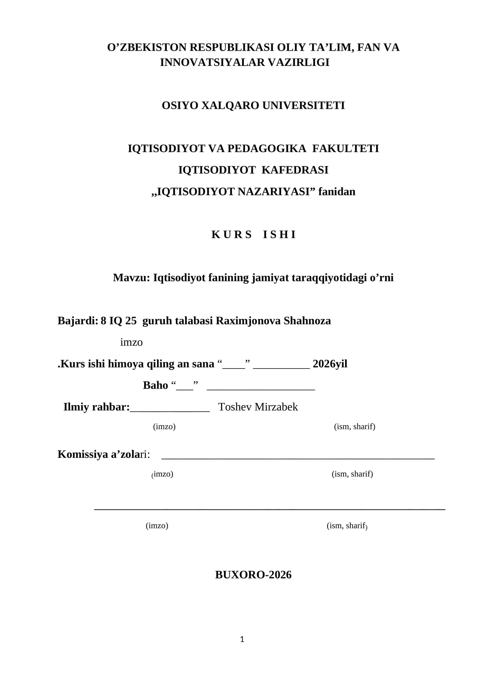 Iqtisodiyot fanining jamiyat taraqqiyotidagi o’rni