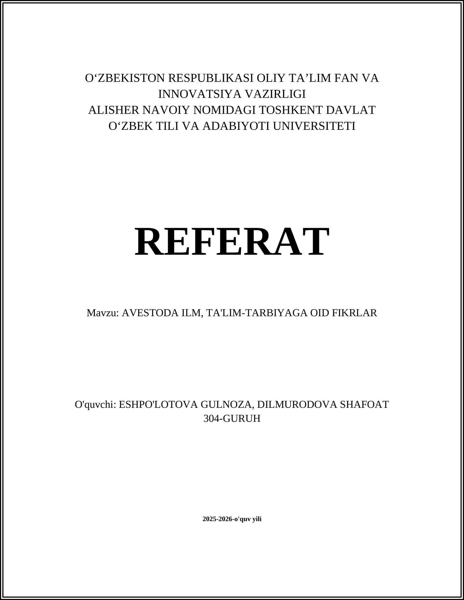 AVESTODA ILM, TA'LIM-TARBIYAGA OID FIKRLAR