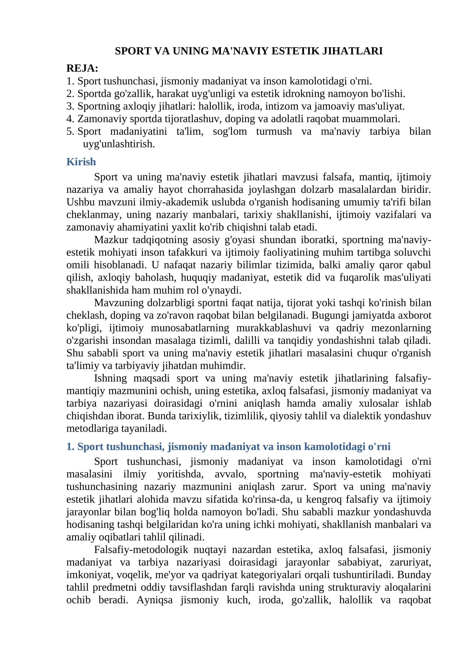 SPORT VA UNING MA'NAVIY ESTETIK JIHATLARI