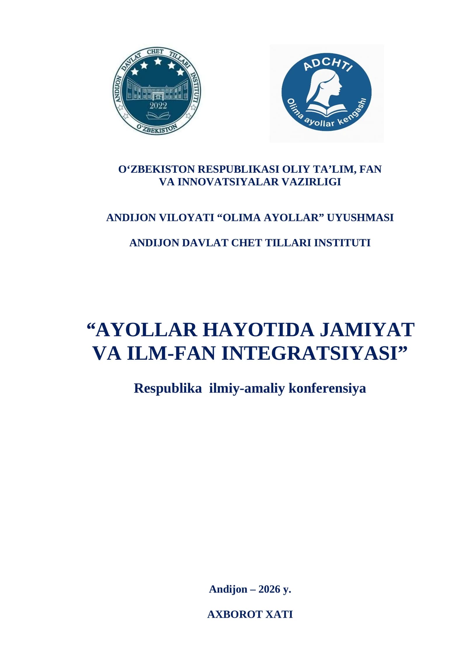 “AYOLLAR HAYOTIDA JAMIYAT VA ILM-FAN INTEGRATSIYASI” Respublika ilmiy-amaliy konferensiya