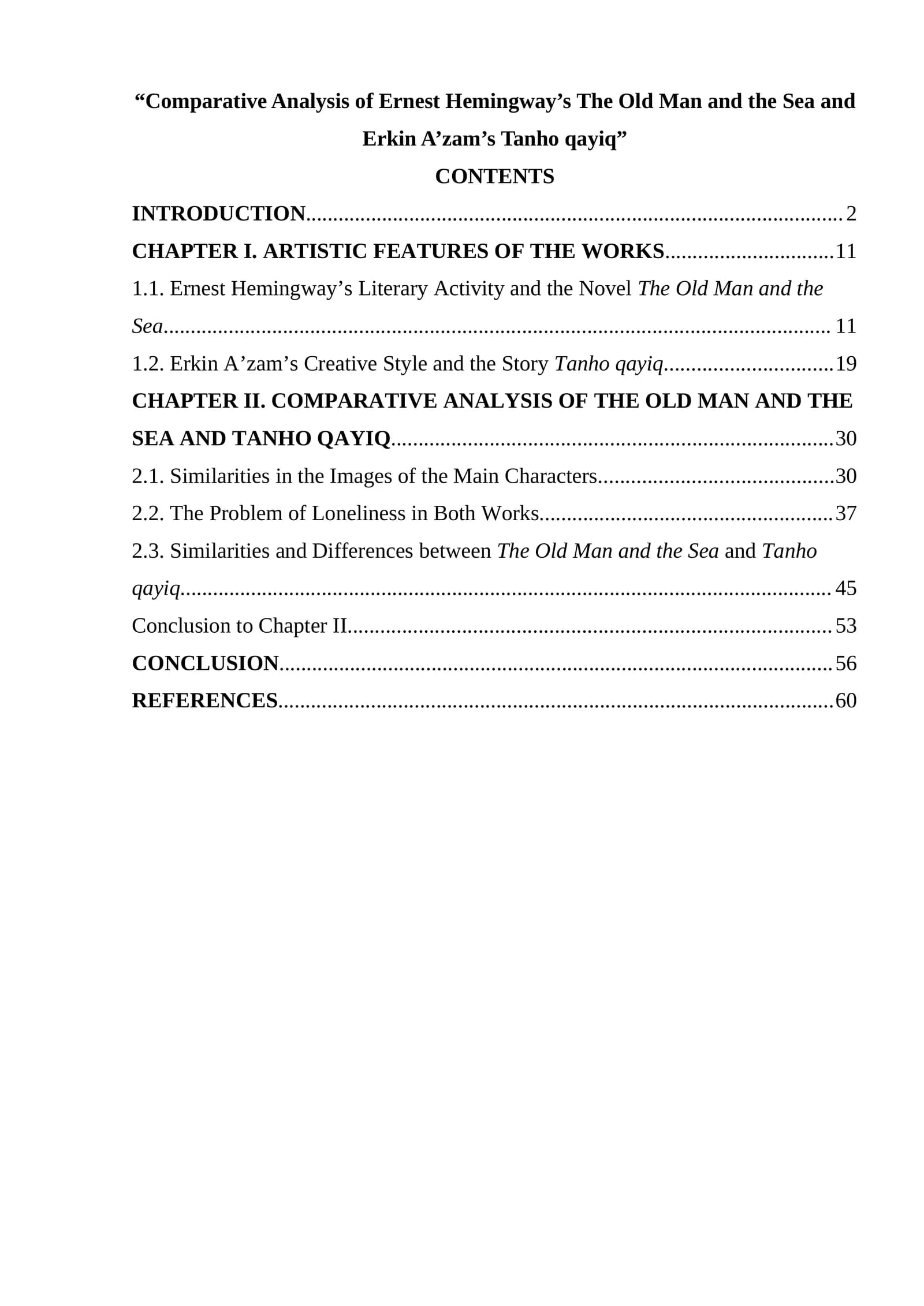 Comparative Analysis of Ernest Hemingway’s The Old Man and the Sea and Erkin A’zam’s Tanho qayiq