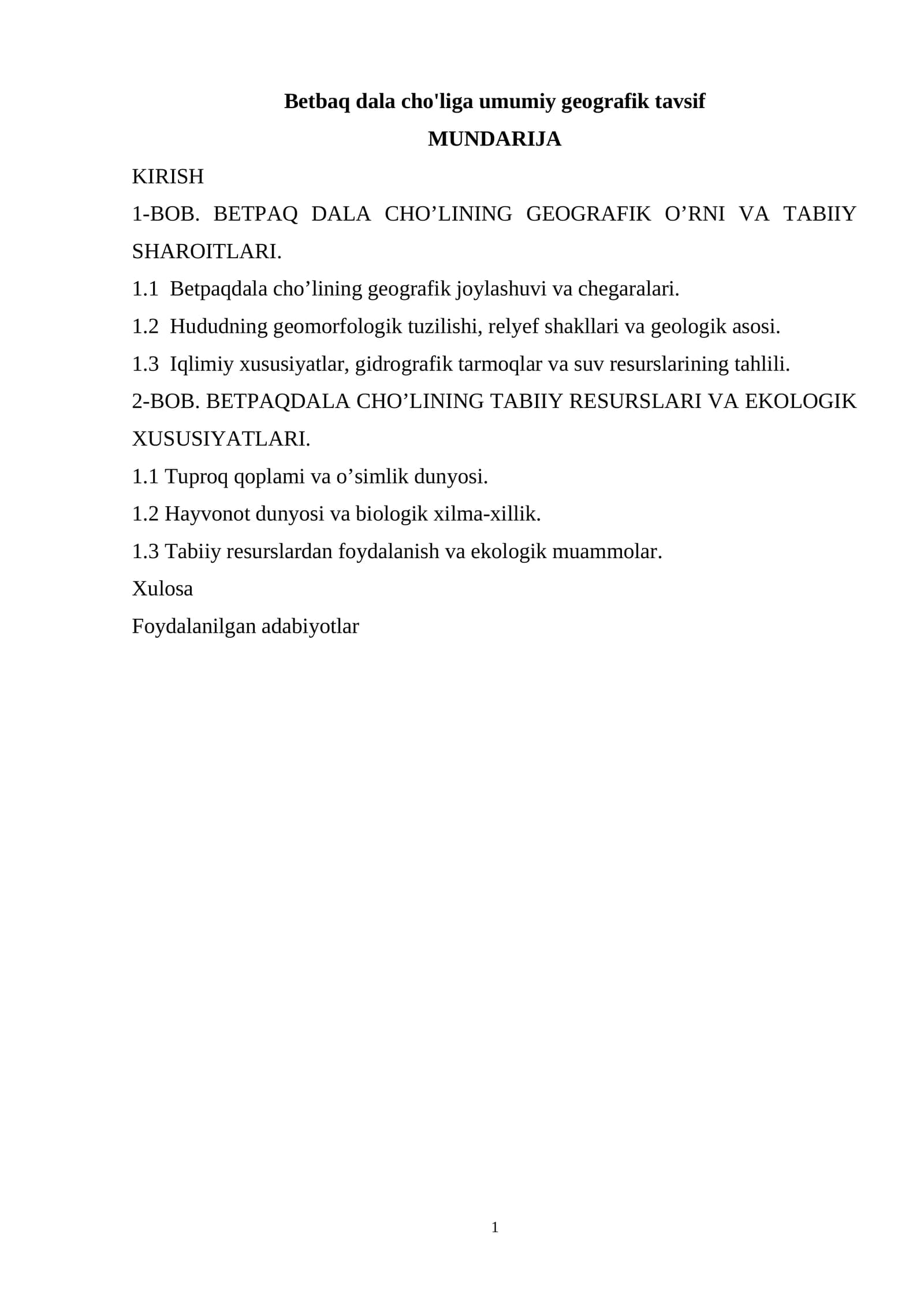 Betbaq dala cho'liga umumiy geografik tavsif