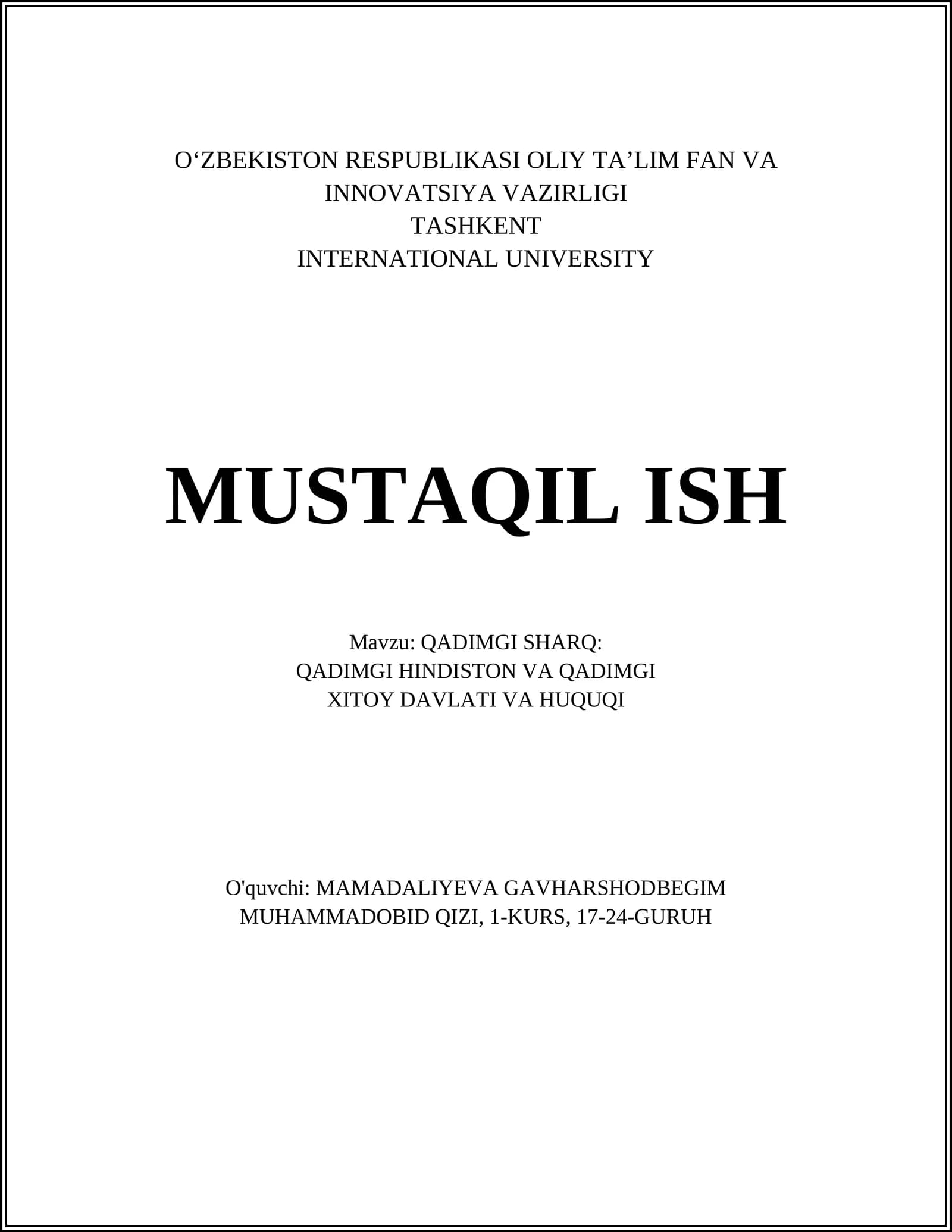 QADIMGI SHARQ: QADIMGI HINDISTON VA QADIMGI XITOY DAVLATI VA HUQUQI