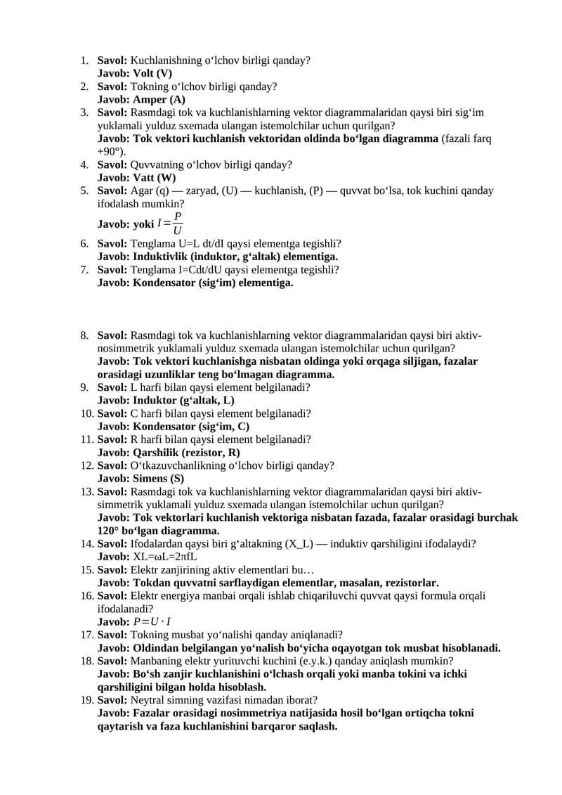 Rasmdagi tok va kuchlanishlarning vektor diagrammalari