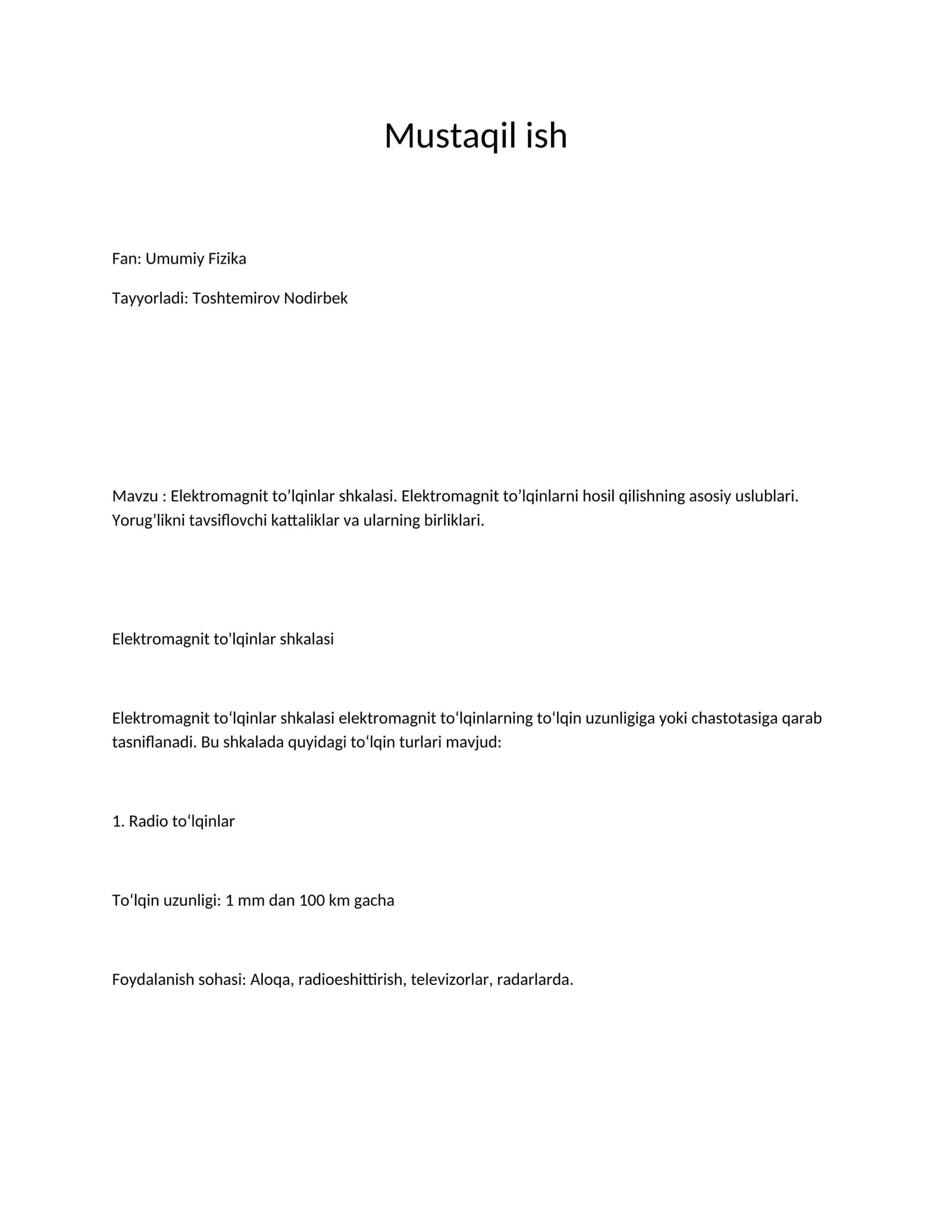 Elektromagnit to'lqinlar shkalasi