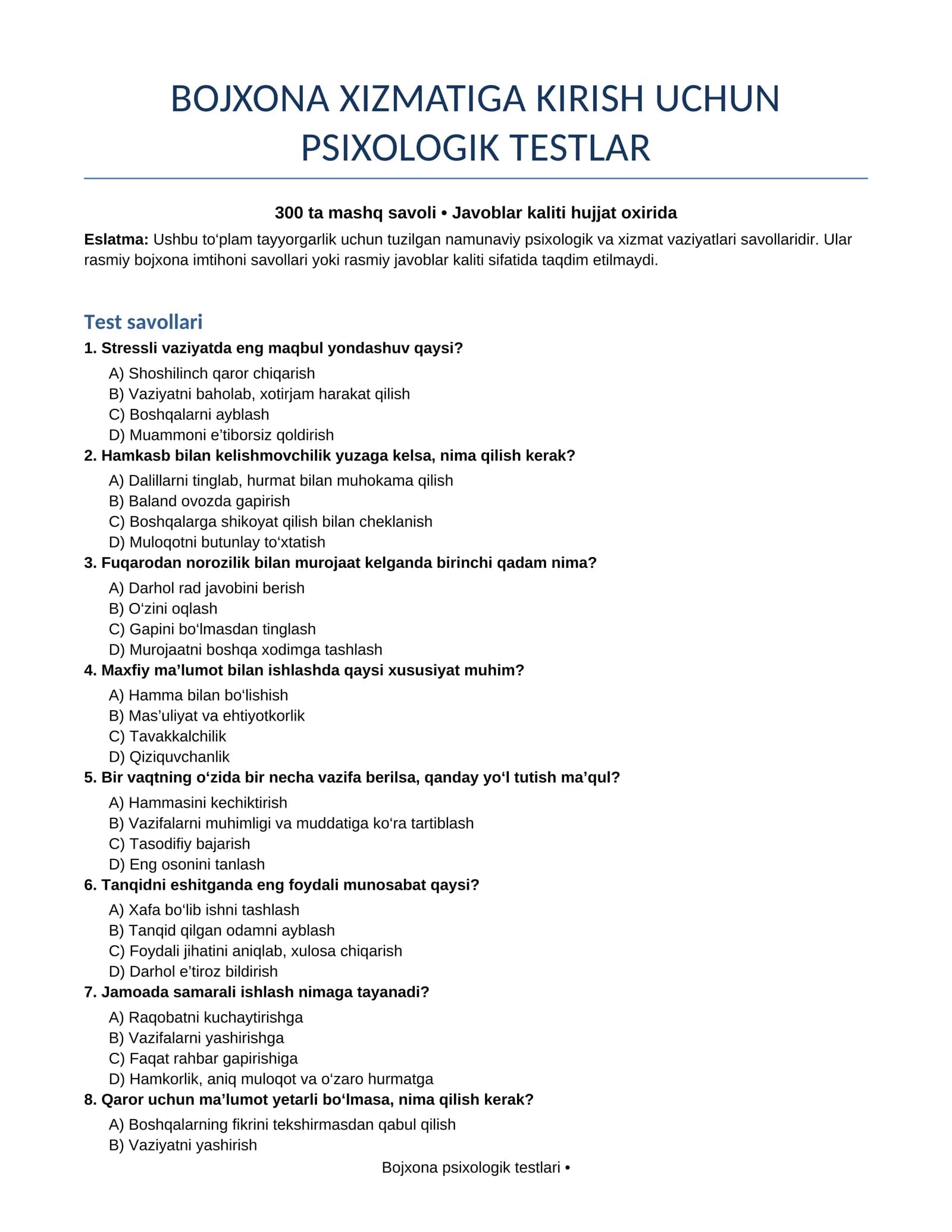 KIRISH UCHUN PSIXOLOGIK TESTLAR