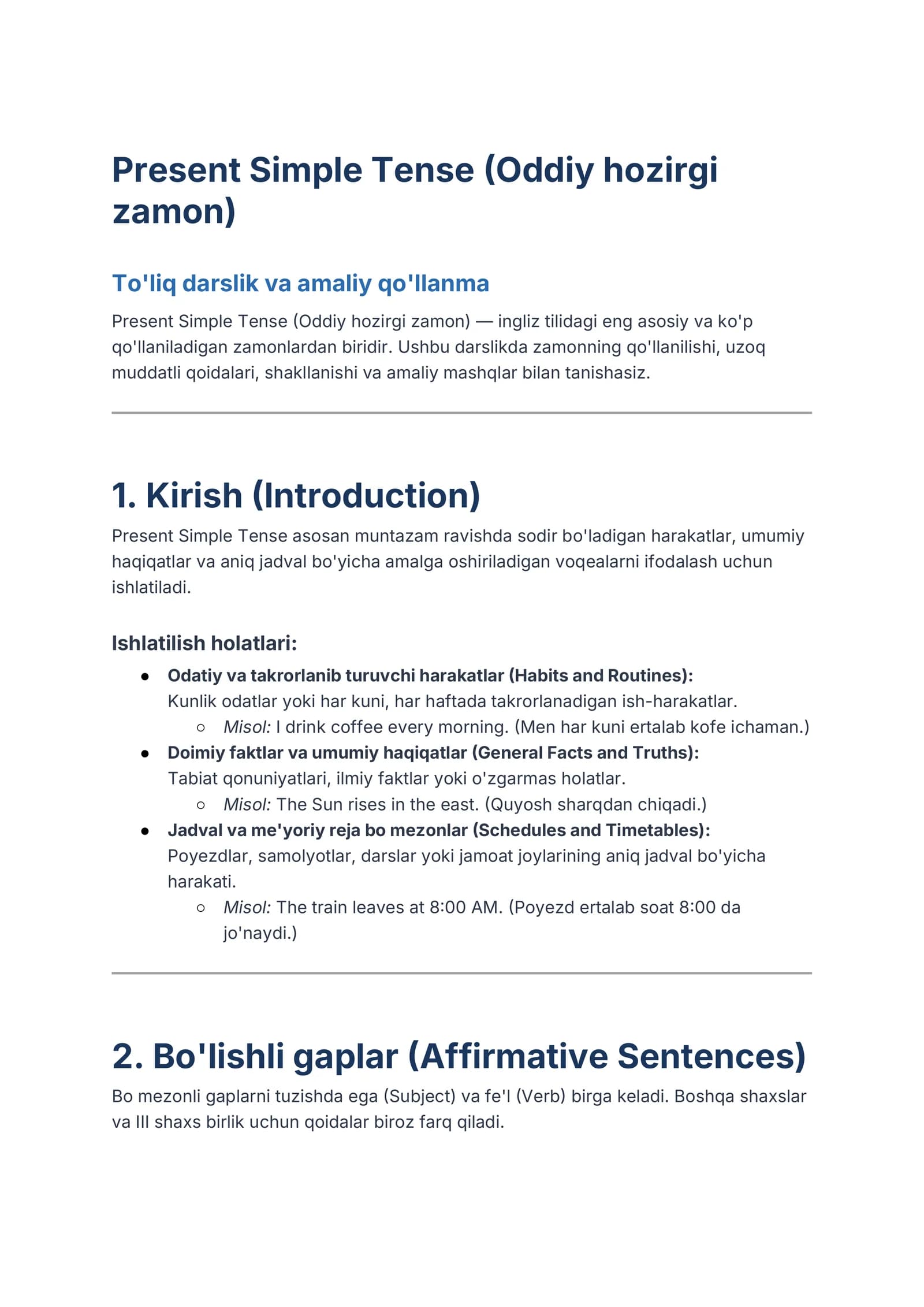Ingliz tili: Present Simple Tense to'liq darsligi va mashqlar to'plami