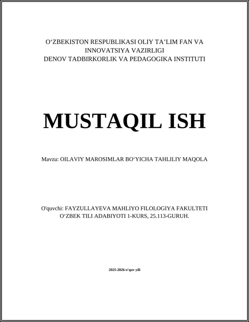 OILAVIY MAROSIMLAR BOʻYICHA TAHLILIY MAQOLA