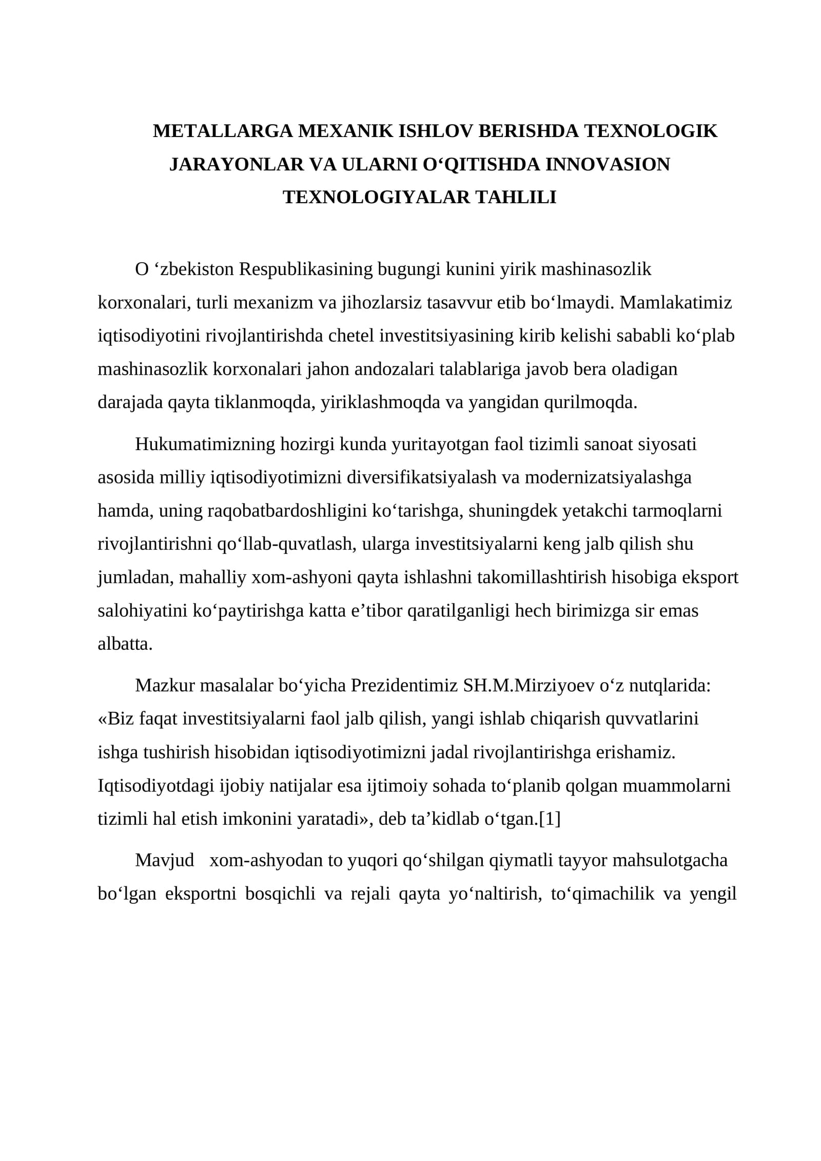 Metallarga Mexanik Ishlov Berishda Texnologik Jarayonlar Va Ularni O‘qitishda Innovasion
