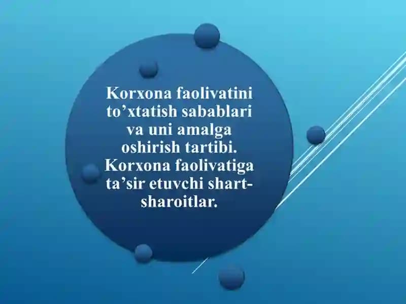 Korxona faolivatini to’xtatish sabablari va uni amalga oshirish tartibi. Korxona faolivatiga ta’sir etuvchi shart-sharoitlar.