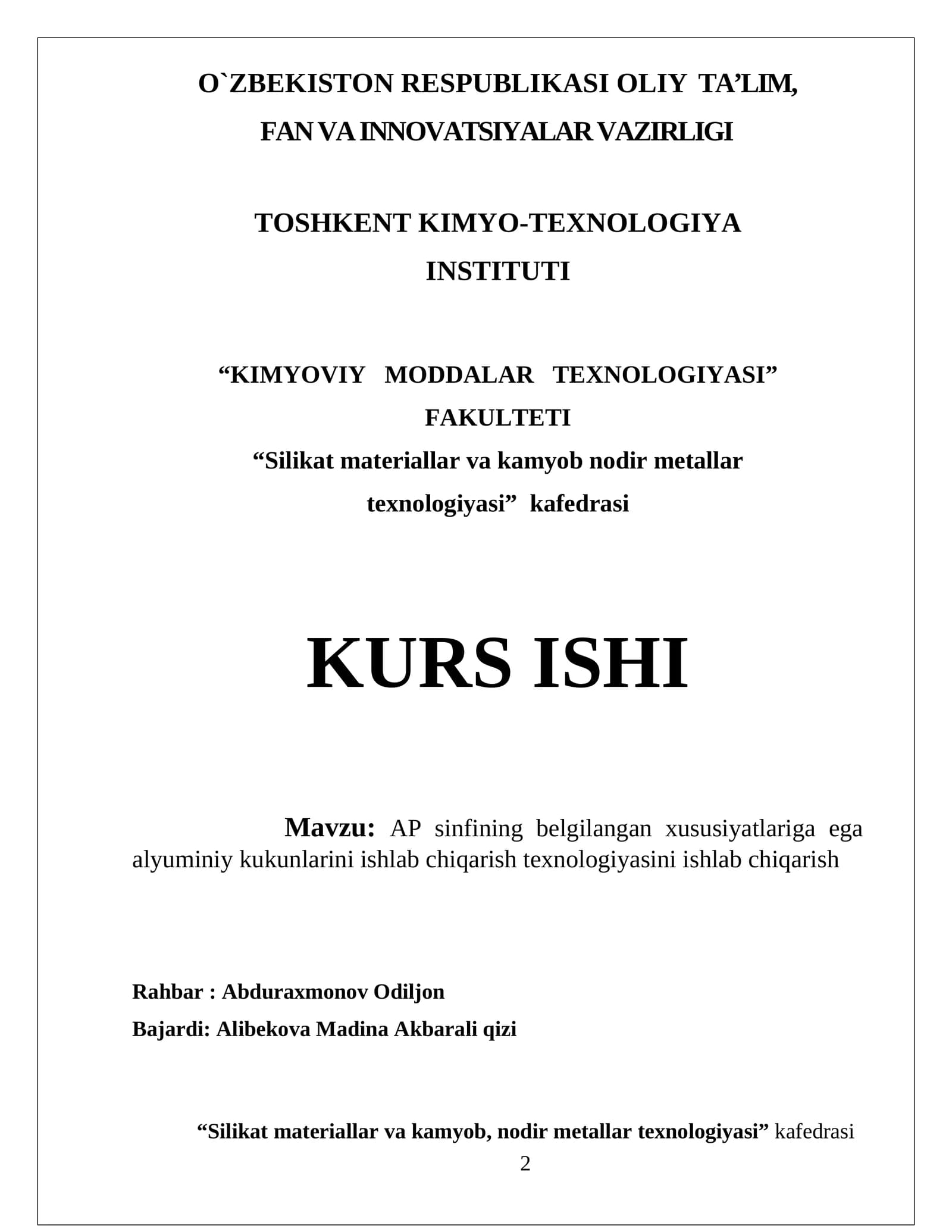AP sinfining belgilangan xususiyatlariga ega alyuminiy kukunlarini ishlab chiqarish texnologiyasi