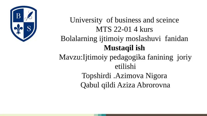 Ijtimoiy pedagogika fanining  joriy etilishi