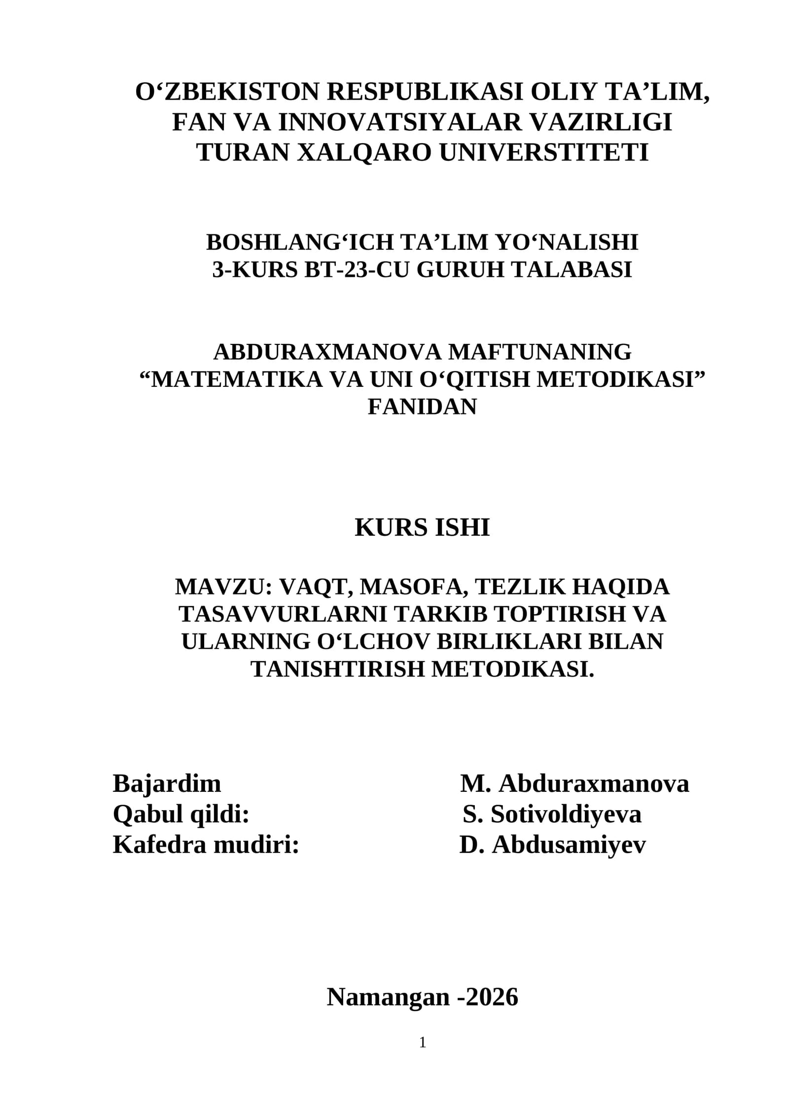 VAQT, MASOFA, TEZLIK HAQIDA TASAVVURLARNI TARKIB TOPTIRISH VA ULARNING O‘LCHOV BIRLIKLARI BILAN TANISHTIRISH METODIKASI.
