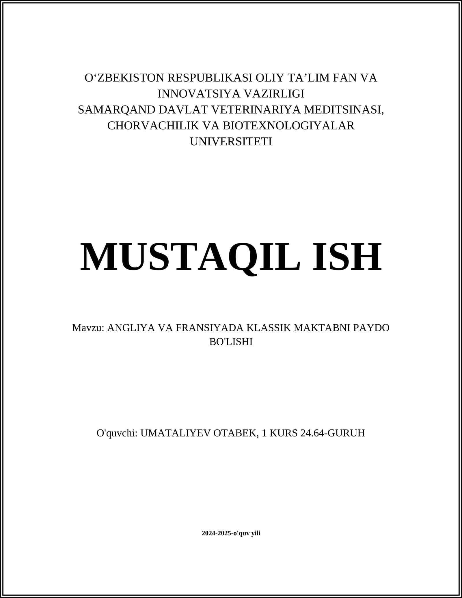 ANGLIYA VA FRANSIYADA KLASSIK MAKTABNI PAYDO BO'LISHI