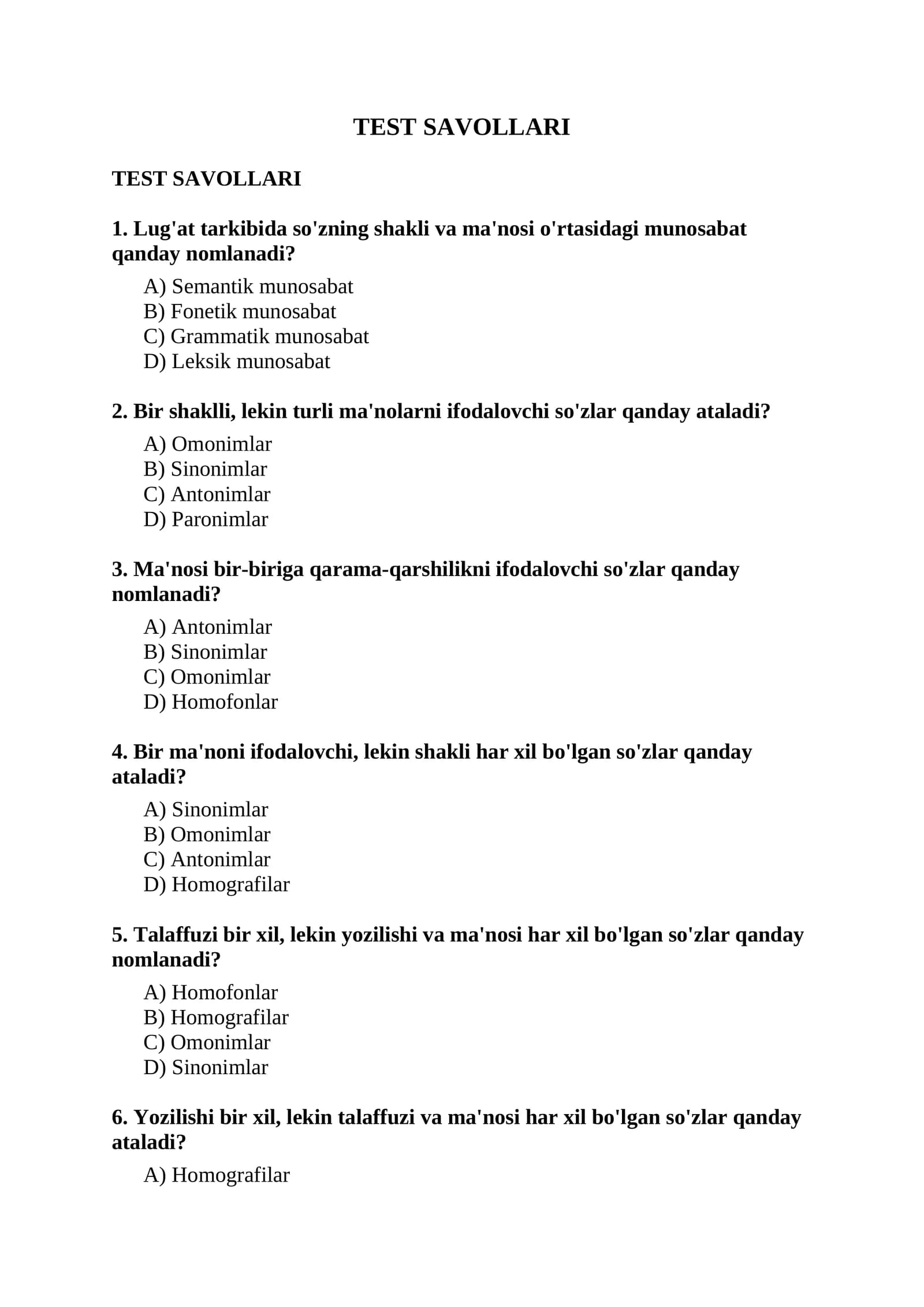 TEST SAVOLLARI