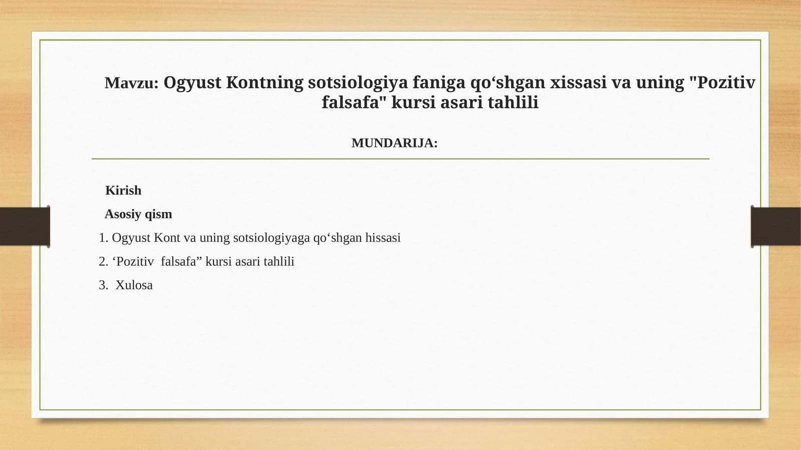 Ogyust Kontning sotsiologiya faniga qoʻshgan xissasi va uning Pozitiv falsafa kursi asari tahlili
