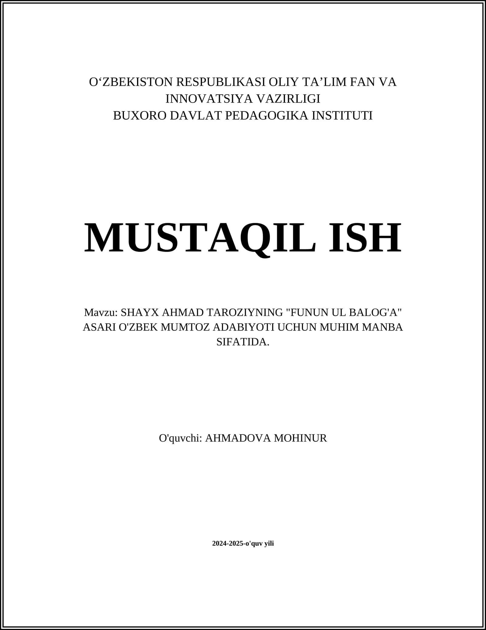 SHAYX AHMAD TAROZIYNING "FUNUN UL BALOG'A" ASARI O'ZBEK MUMTOZ ADABIYOTI UCHUN MUHIM MANBA SIFATIDA