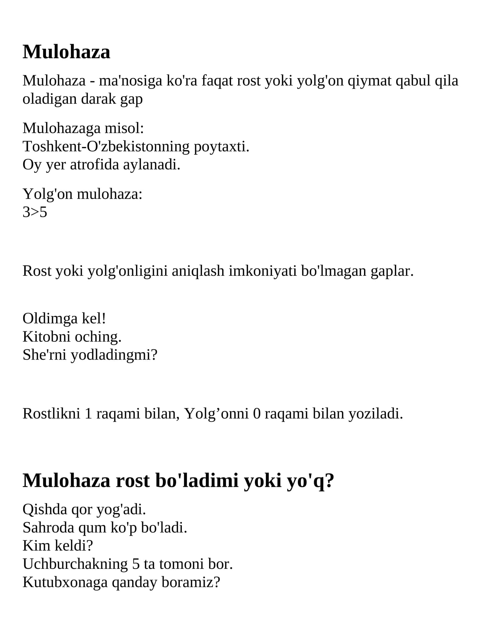 Mulohazalar algebrasi. Boshlang'ich tushunchalar
