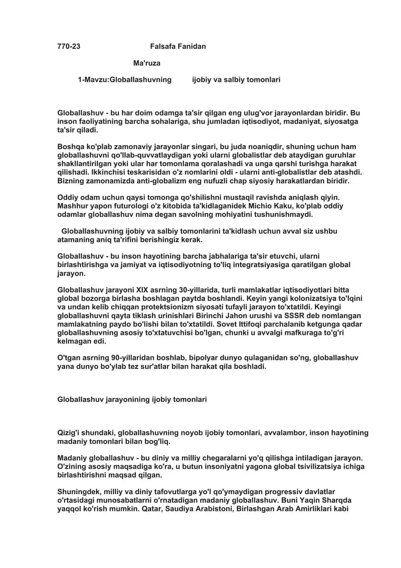 Globallashuvning ijobiy va salbiy tomonlari ma'ruzası