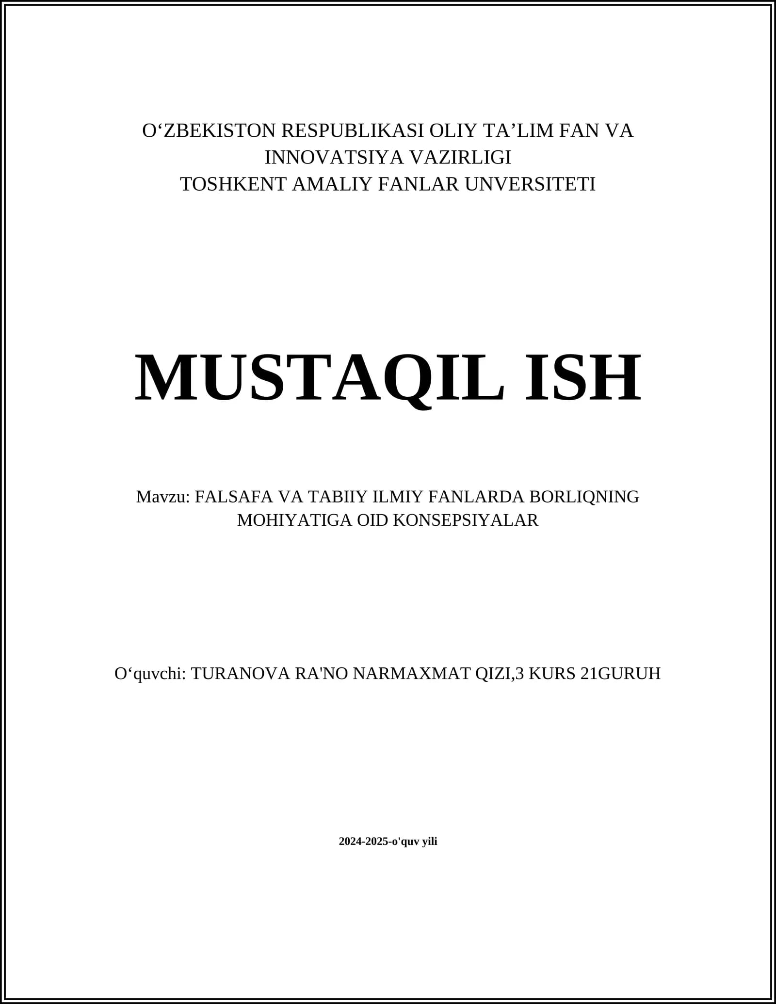 FALSAFA VA TABIIY ILMIY FANLARDA BORLIQNING MOHIYATIGA OID KONSEPSIYALAR