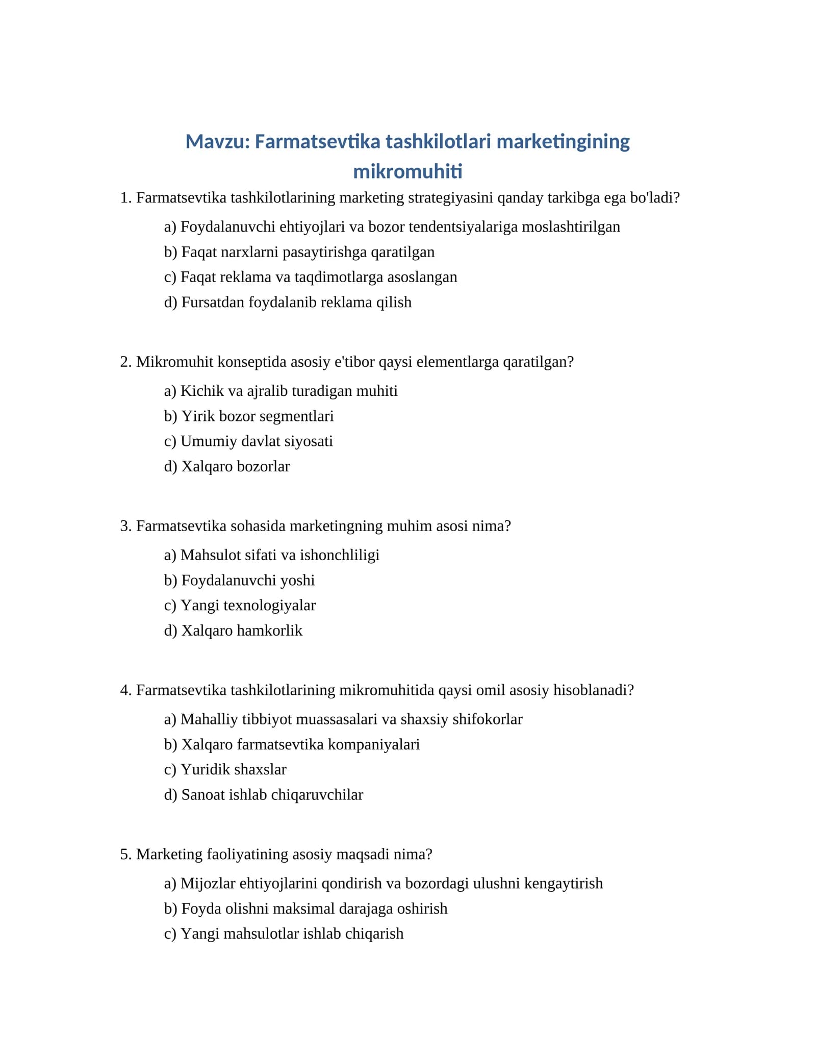 Farmatsevtika tashkilotlari marketingining mikromuhiti