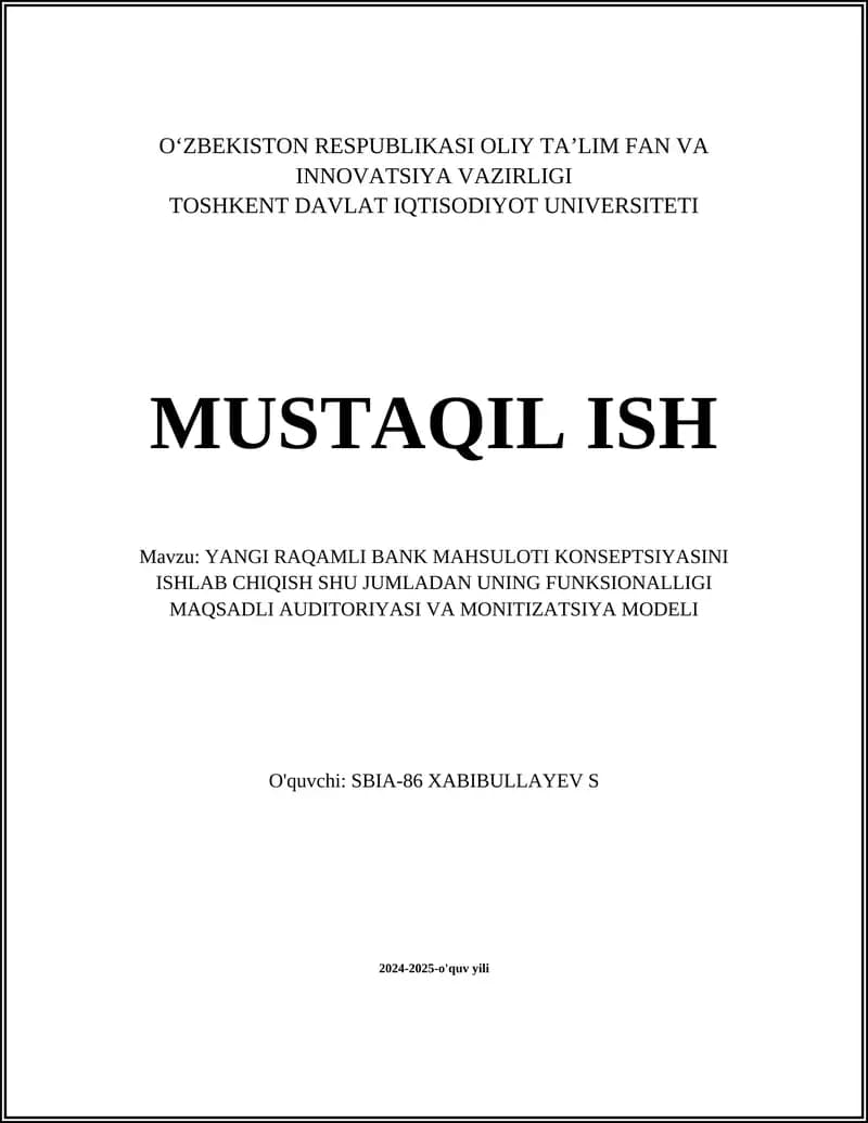 Yangi raqamli bank mahsuloti konseptsiyasi