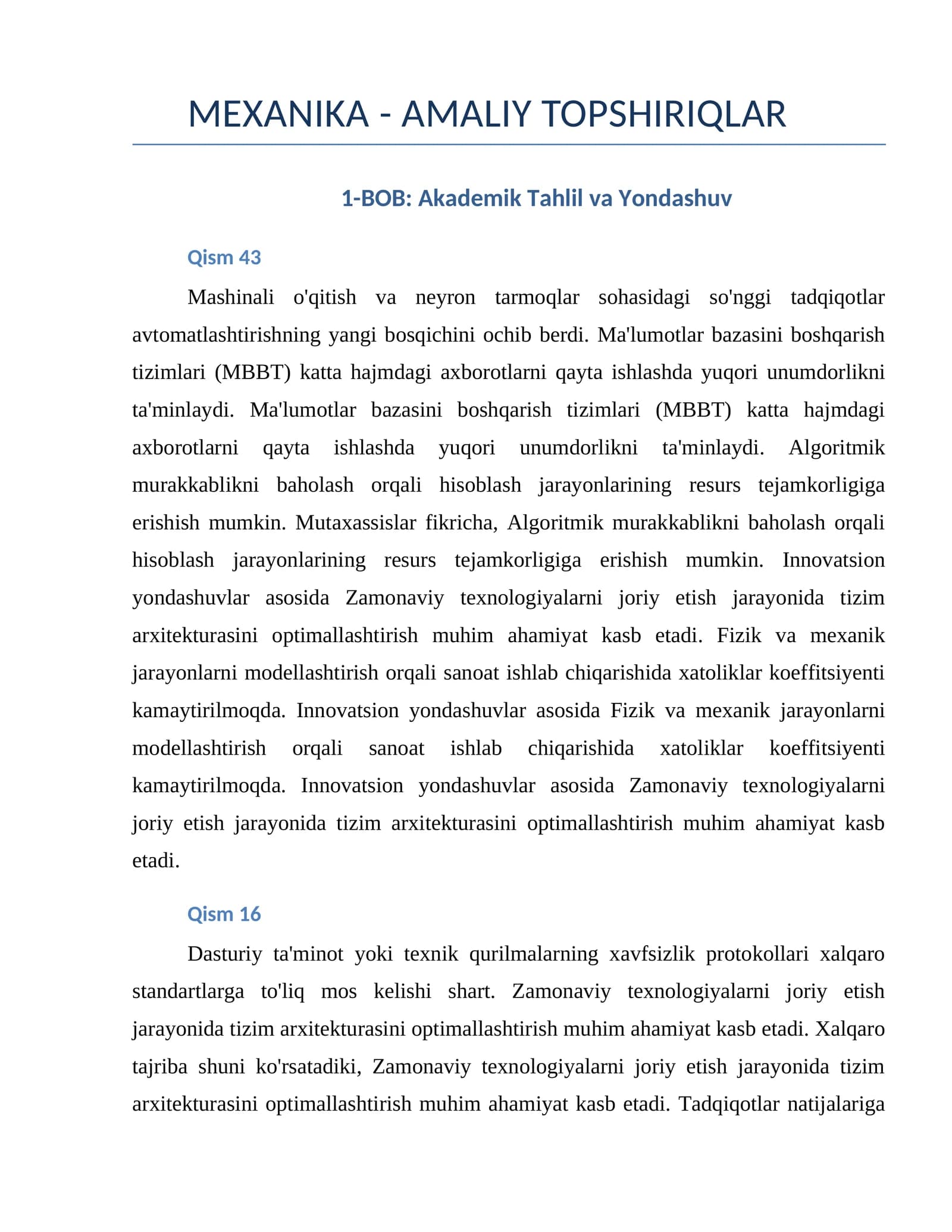 MEXANIKA - AMALIY TOPSHIRIQLAR