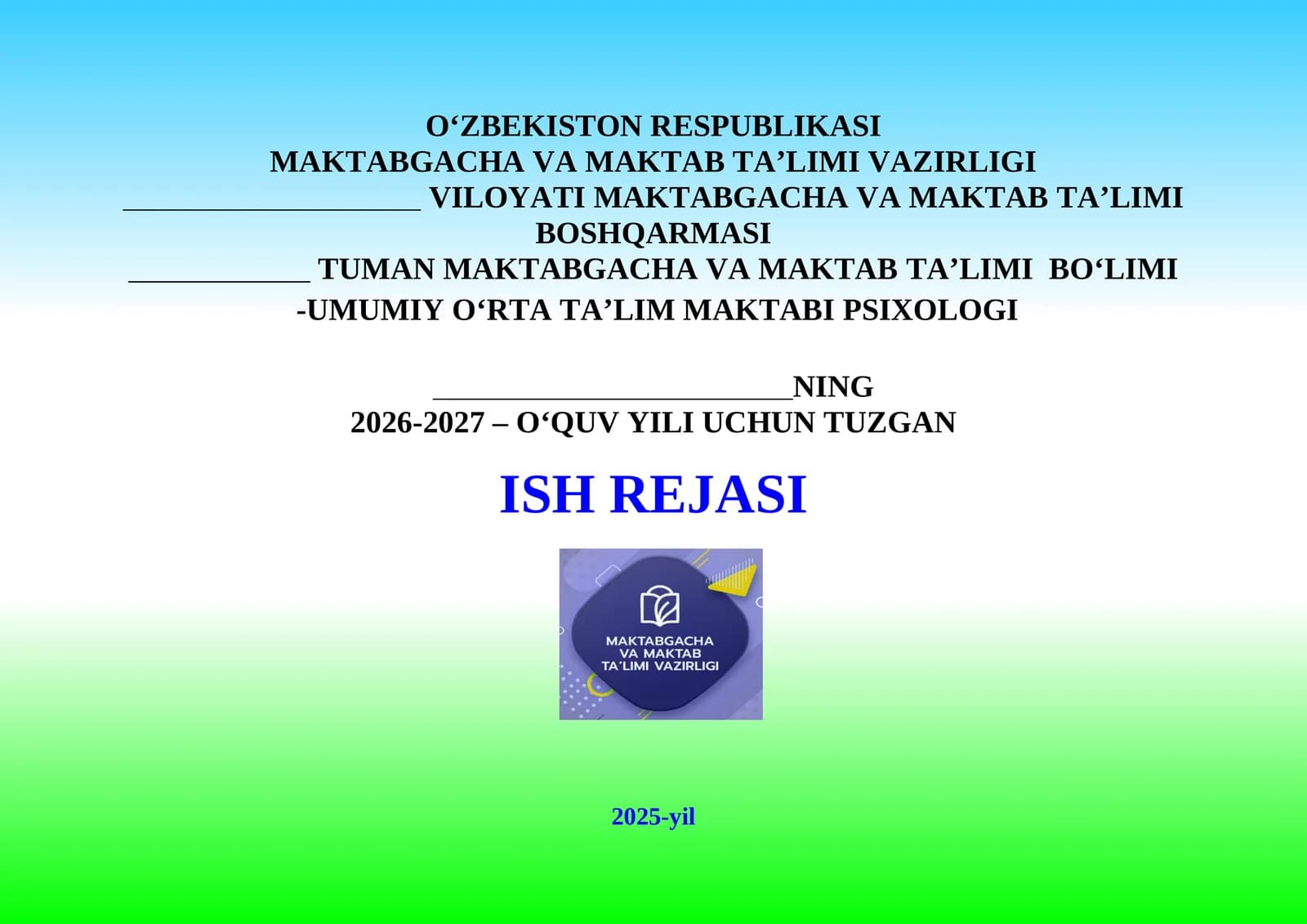 2026-2027 O‘quv Yili Uchun Psixolog ish rejasi