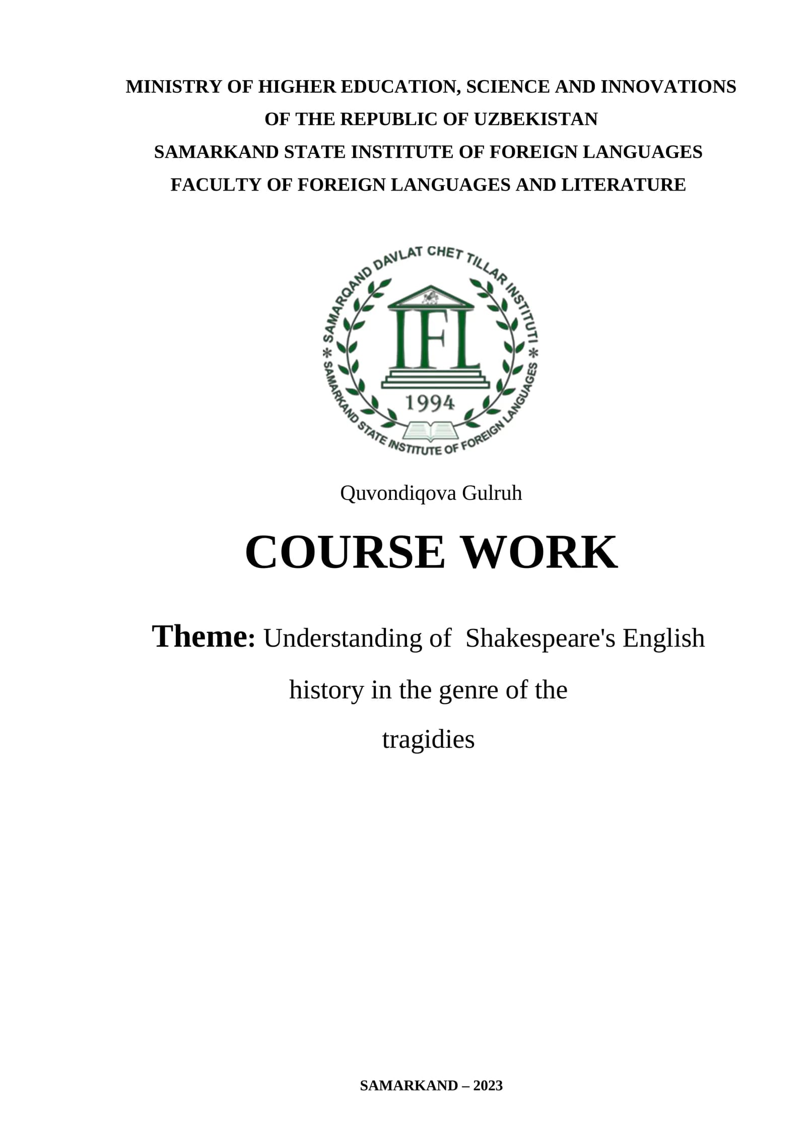 Understanding of Shakespeare's English history in the genre of the tragedies