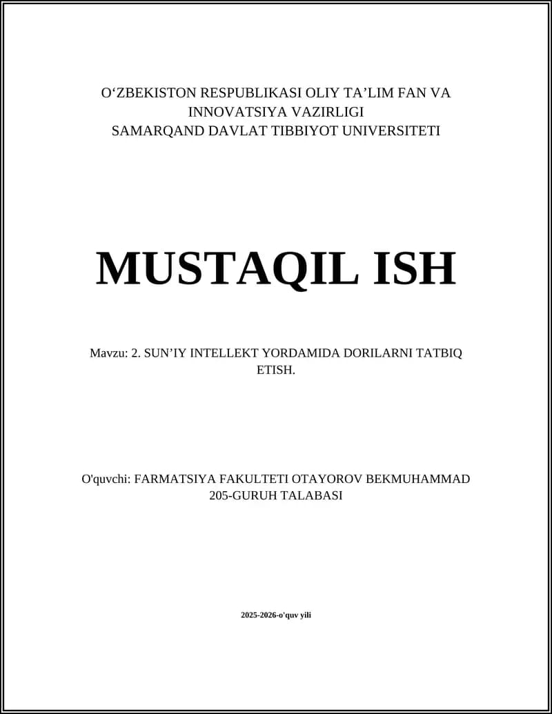 SUNʼIY INTELLEKT YORDAMIDA DORILARNI TATBIQ ETISH