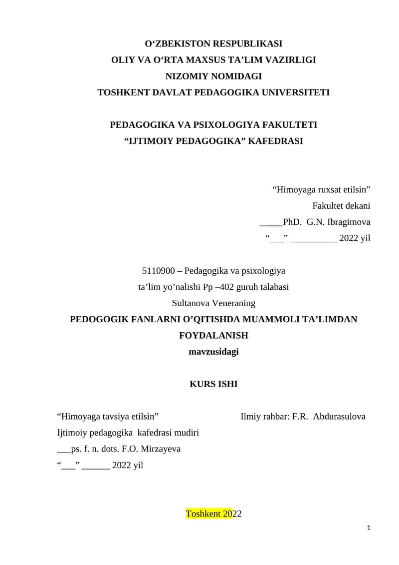 PEDOGOGIK FANLARNI O’QITISHDA MUAMMOLI TA’LIMDAN FOYDALANISH
