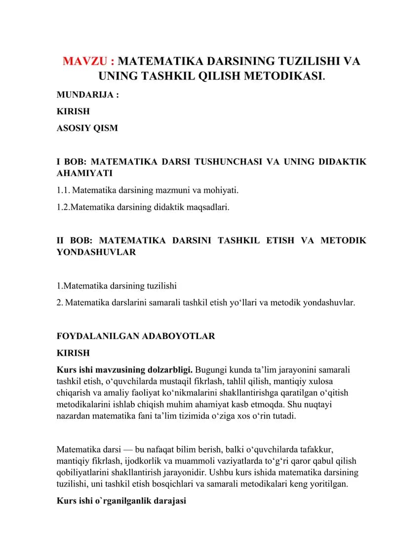 matematika darsning tuzilishi va uning tashkil etish metodikasi