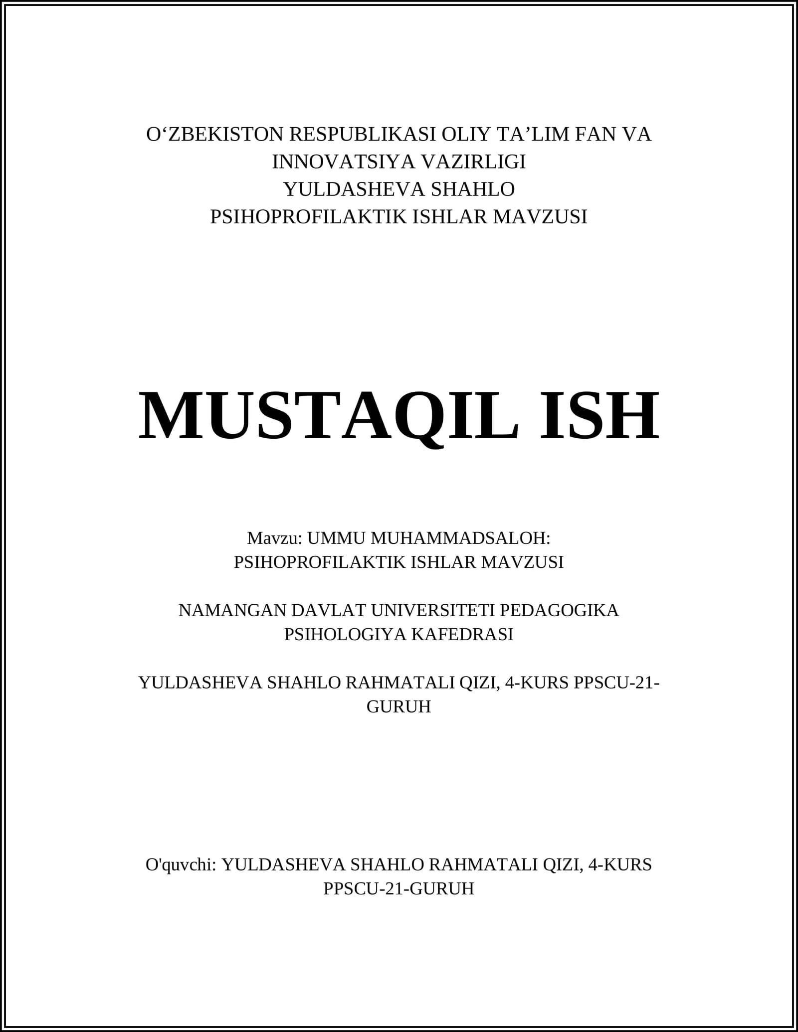 UMMU MUHAMMADSALOH: PSIHO PROFILAKTIK ISHLAR MAVZUSI