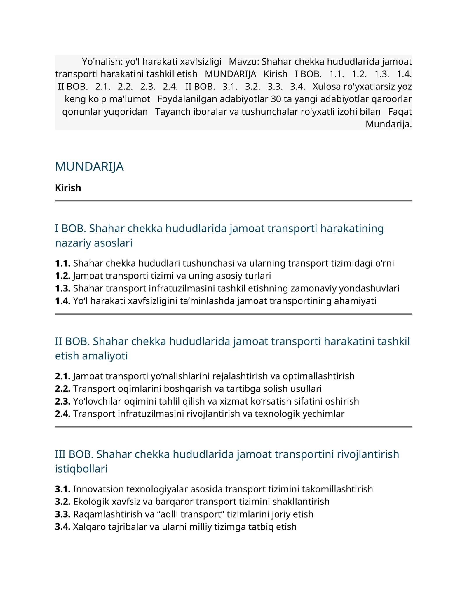 Shahar chekka hududlarida jamoat transporti harakatini tashkil etish