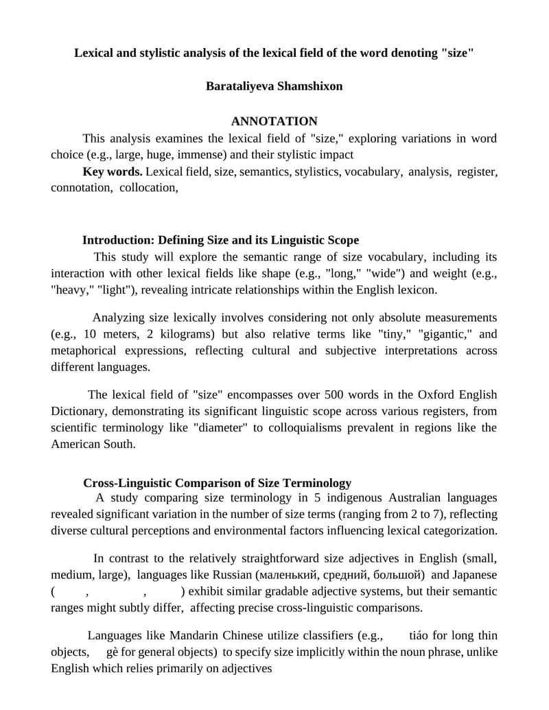 Lexical and stylistic analysis of the lexical field of the word denoting "size"