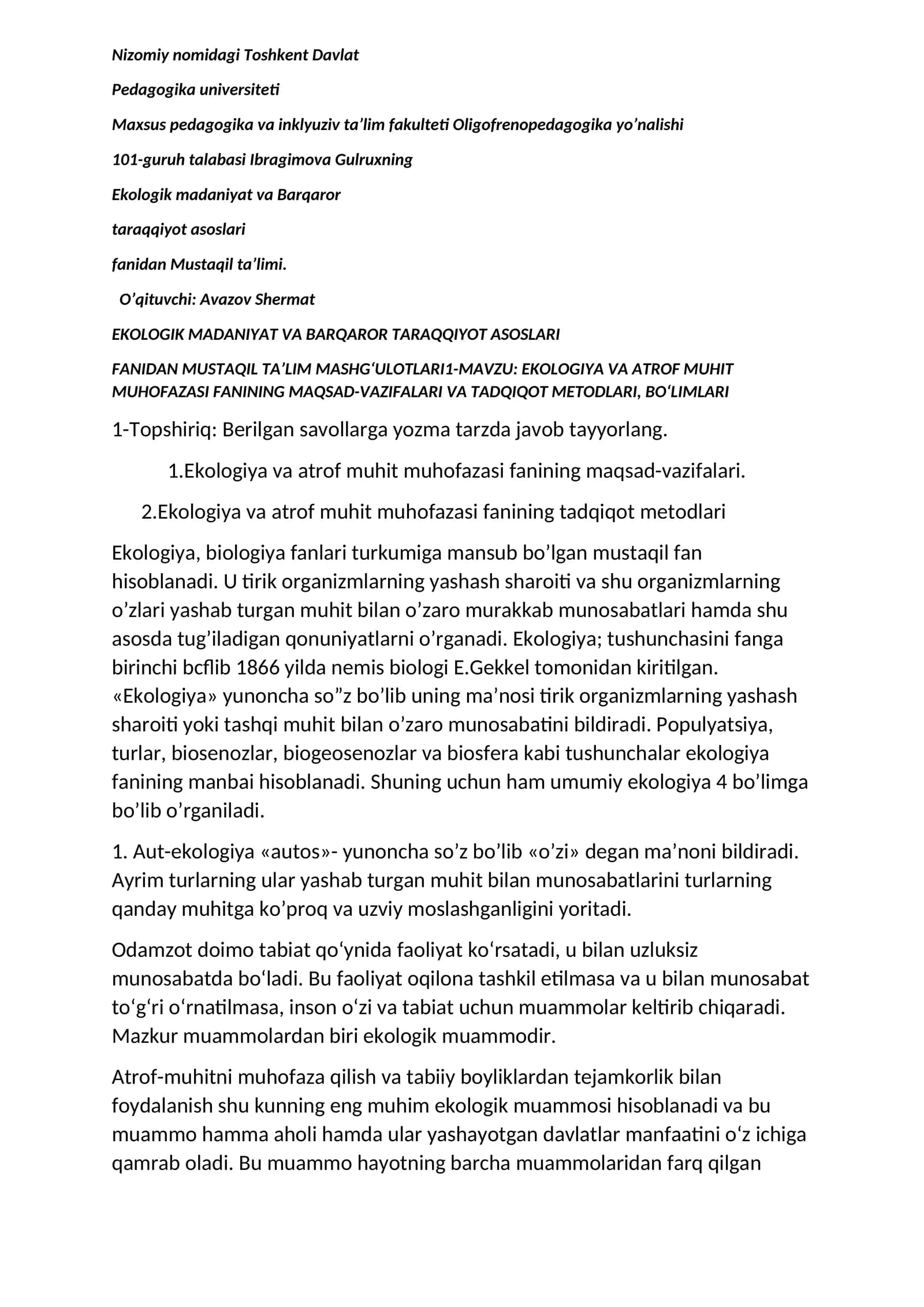 EKOLOGIK MADANIYAT VA BARQAROR TARAQQIYOT ASOSLARI FANIDAN MUSTAQIL TA’LIM MASHG‘ULOTLARI1