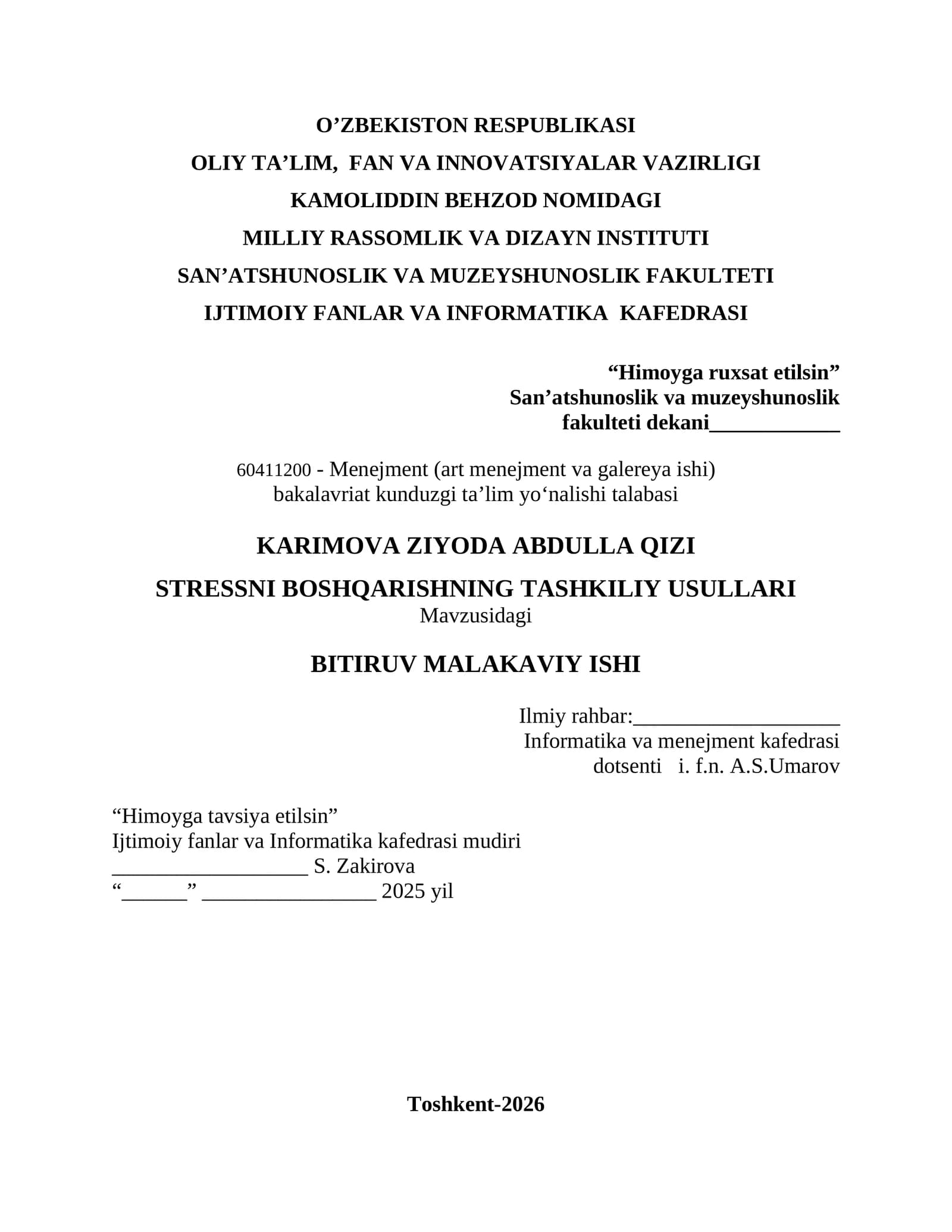 STRESSNI BOSHQARISHNING TASHKILIY USULLARI