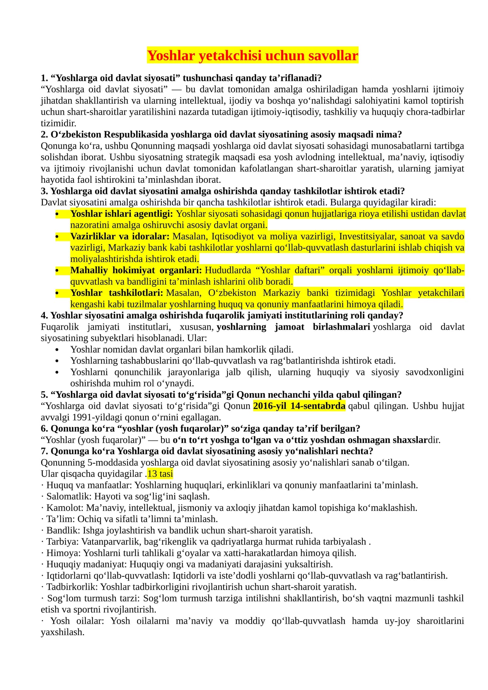 Yoshlar yetakchisi uchun savollarga javoblar 210 ta