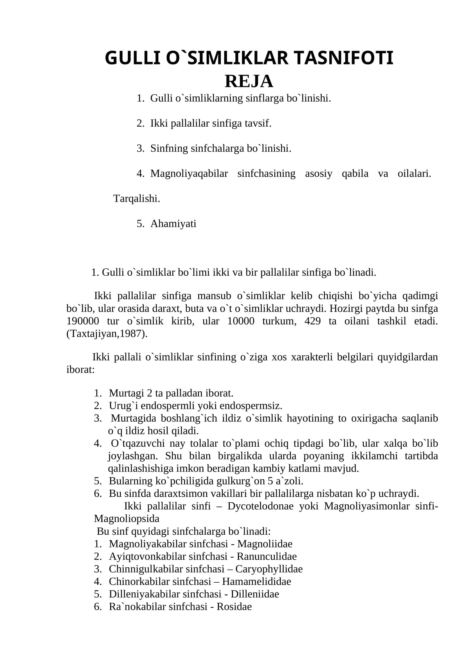 Gulli o`simliklar tasnifoti