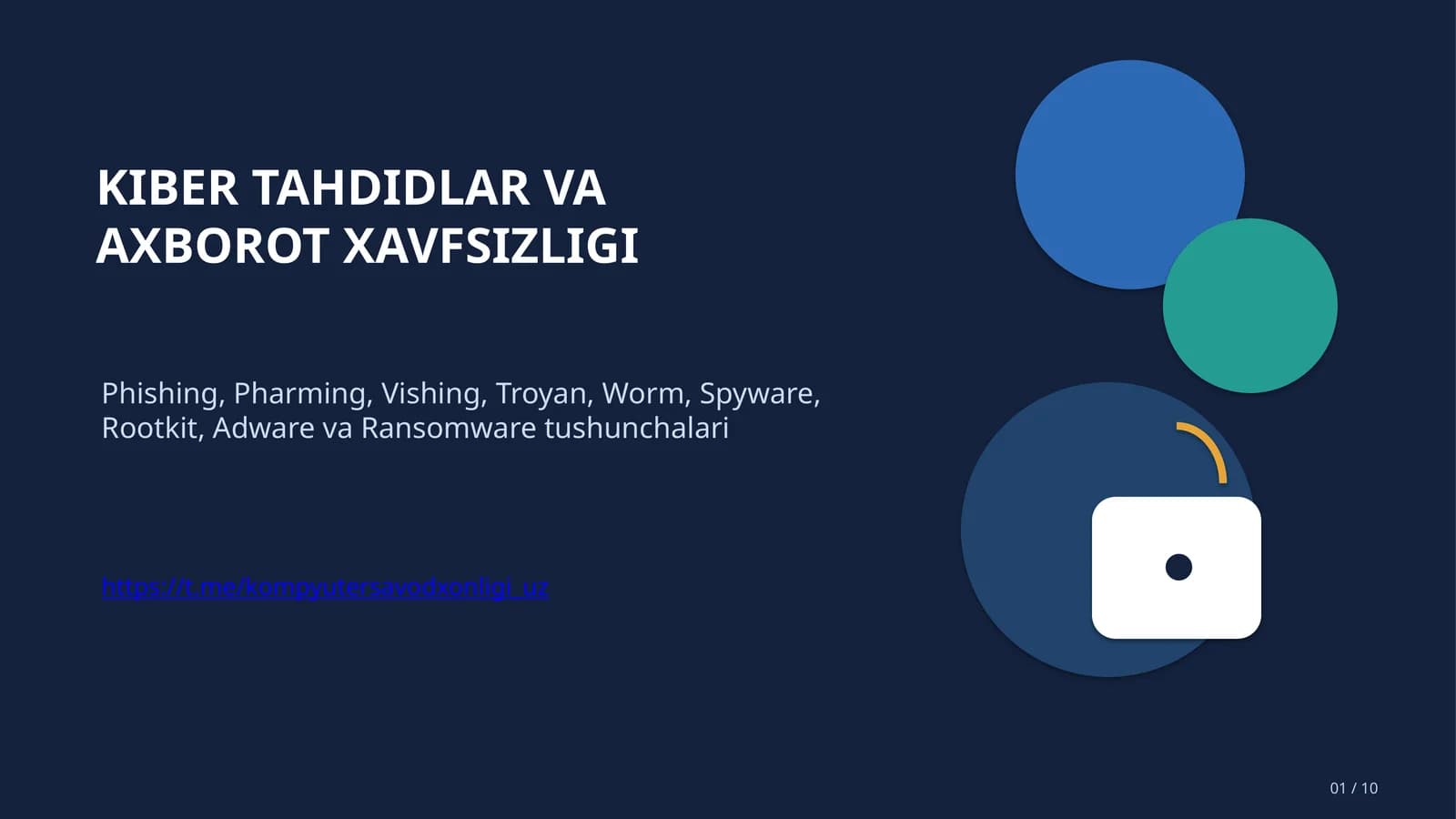 Phishing, Pharming, Vishing, Troyan, Worm, Spyware, Rootkit, Adware, Ransomware tushunchalari va xavfsizlikni ta`minlash.