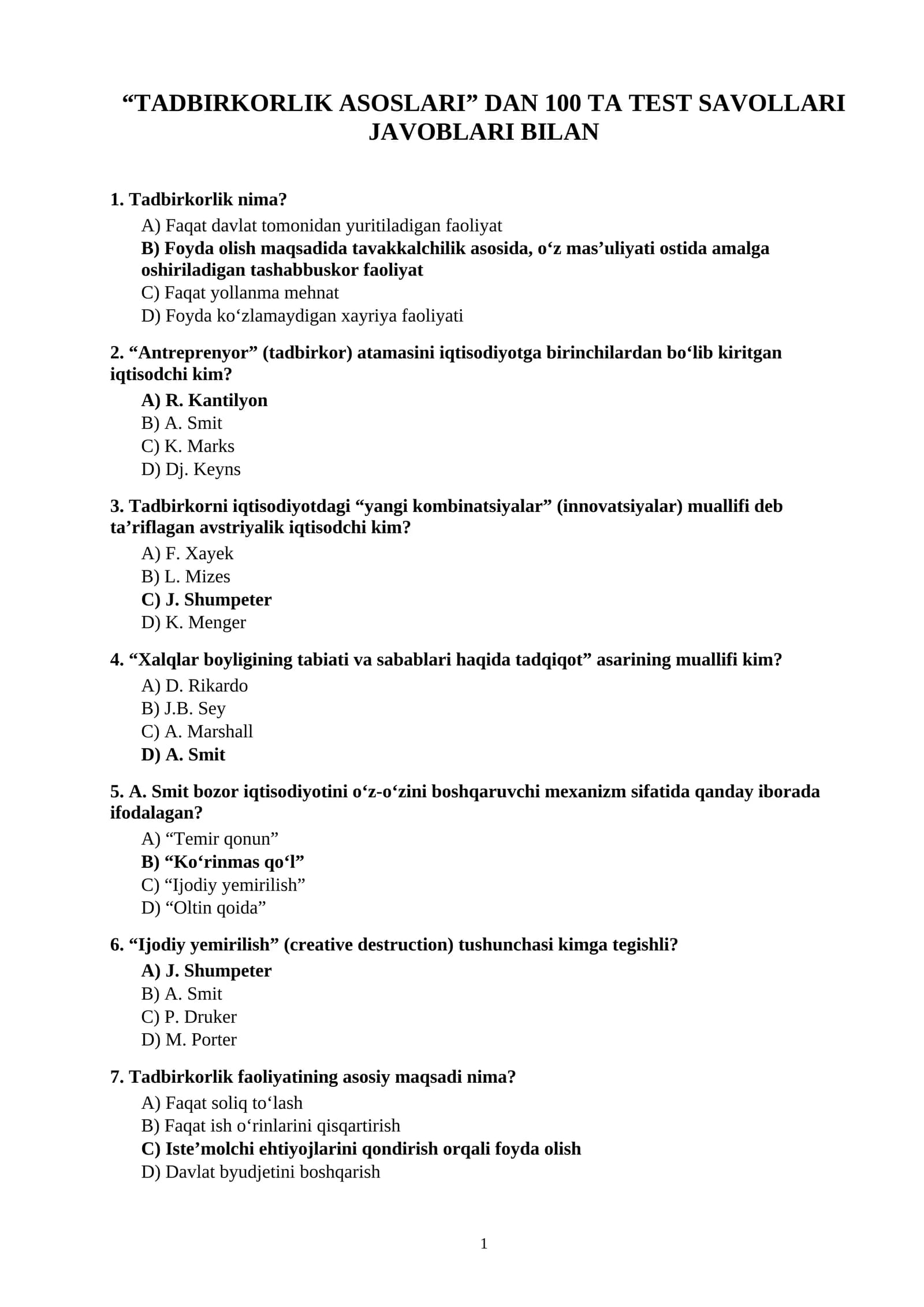 TADBIRKORLIK ASOSLARI” DAN 100 TA TEST SAVOLLARI JAVOBLARI BILAN